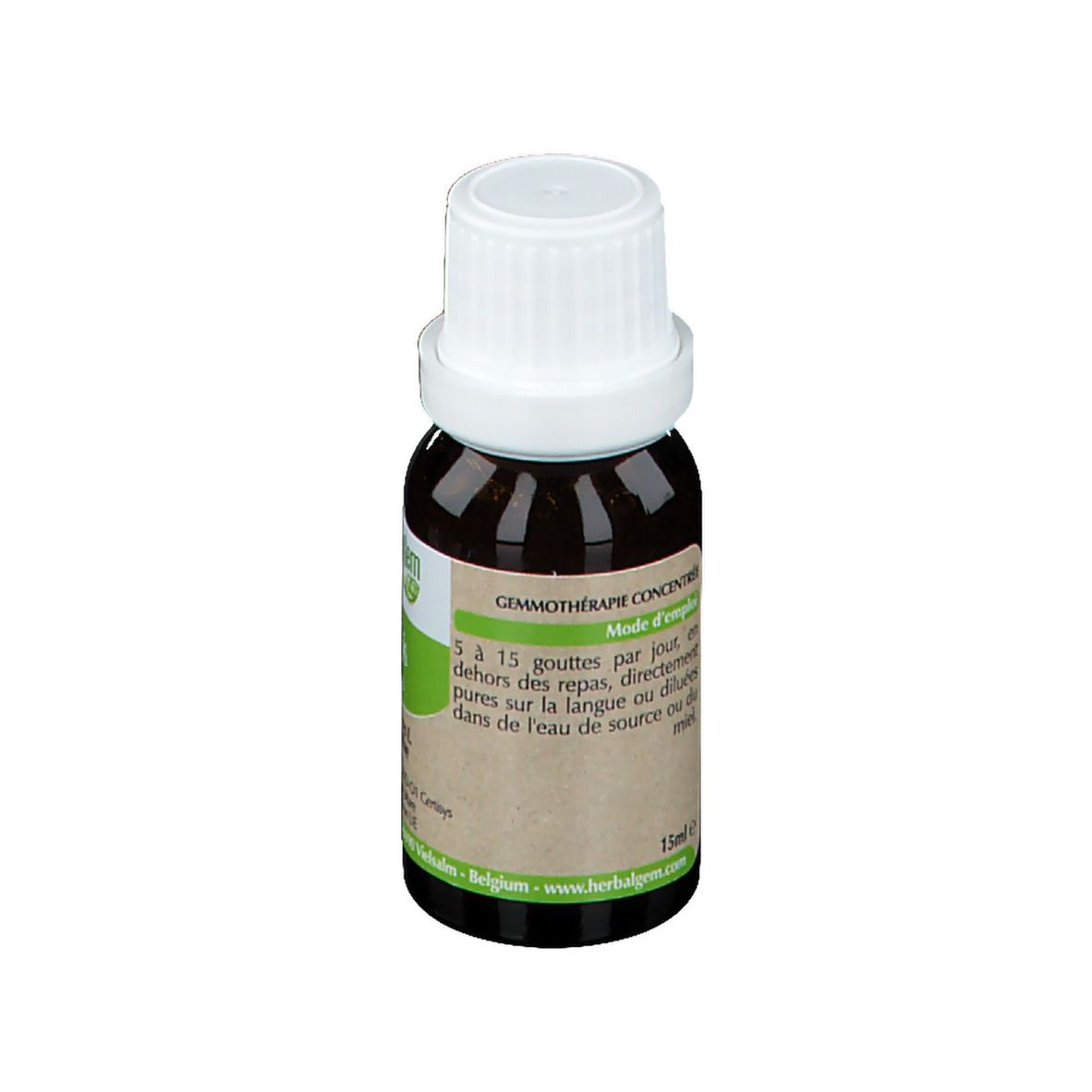 Flacone di vetro marrone con tappo bianco. Etichetta con testo. Macerato di Mais.