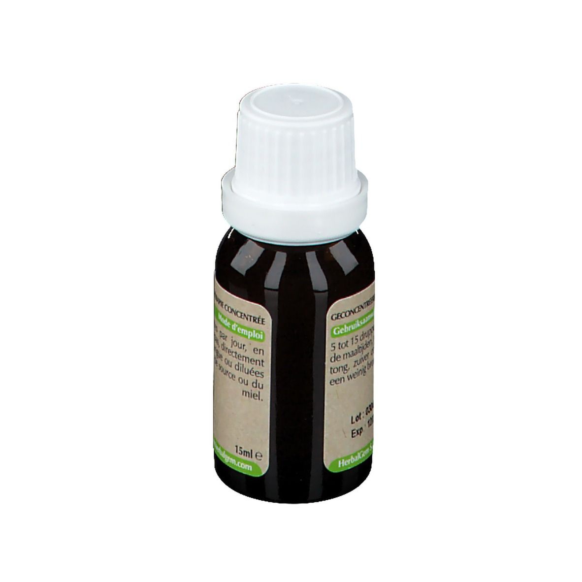 Flacone di vetro marrone con tappo bianco. Etichetta con testo. Macerato di Mais.