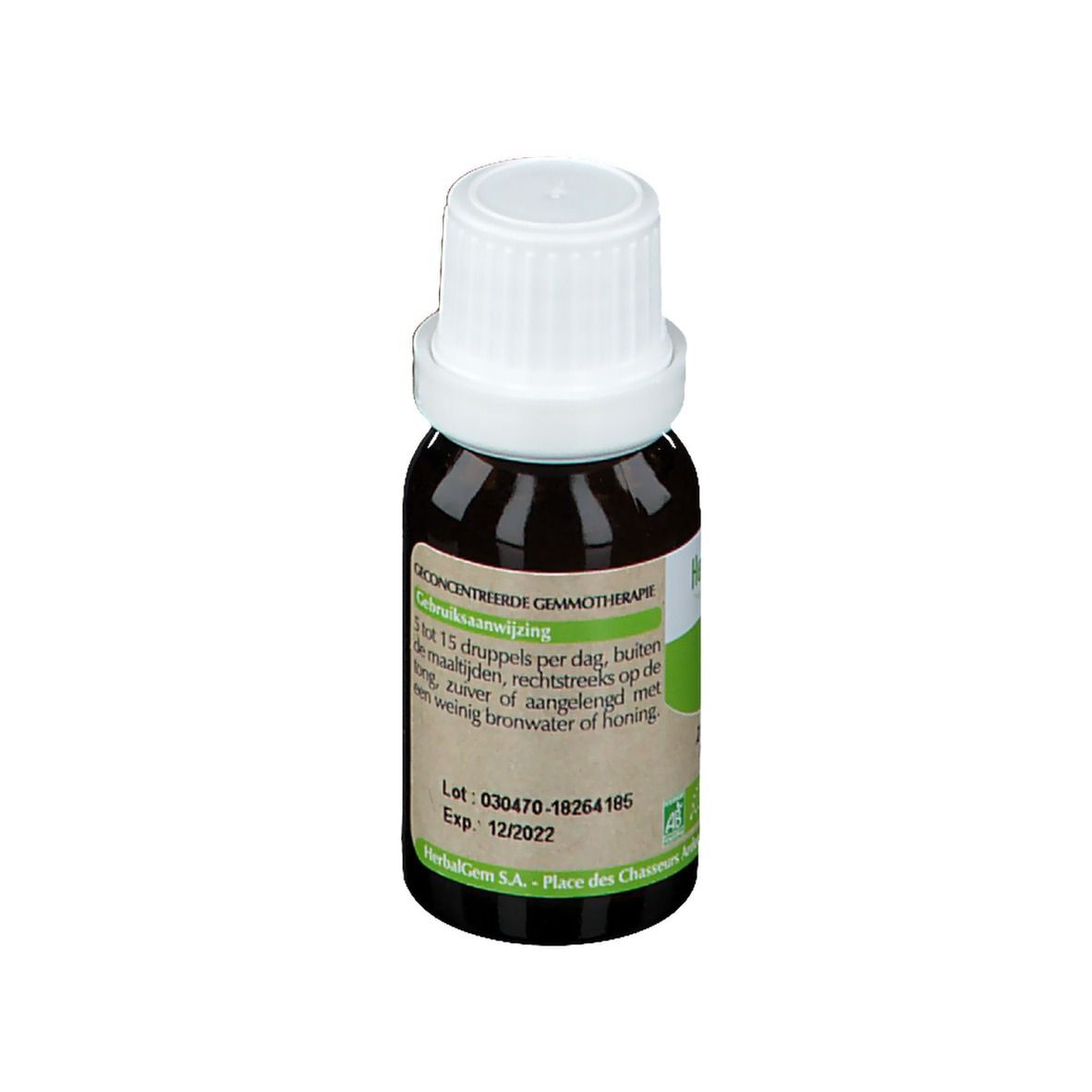 Flacone di vetro marrone con tappo bianco. Etichetta con testo. Macerato di Mais.