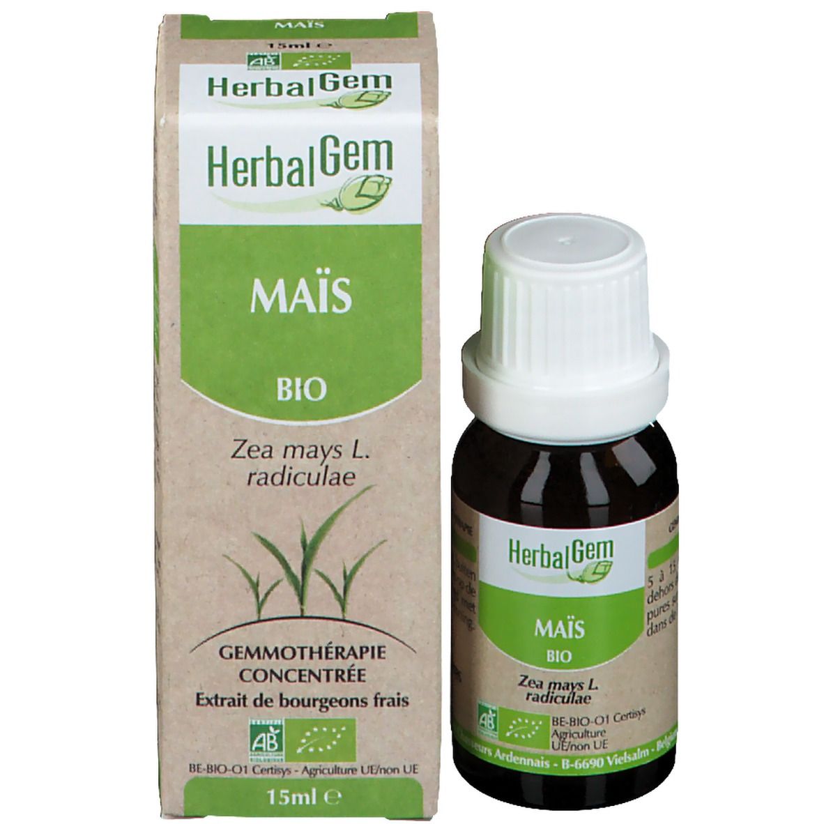 Flacone di vetro marrone e scatola. Macerato di Mais. Scatola con logo e testo.