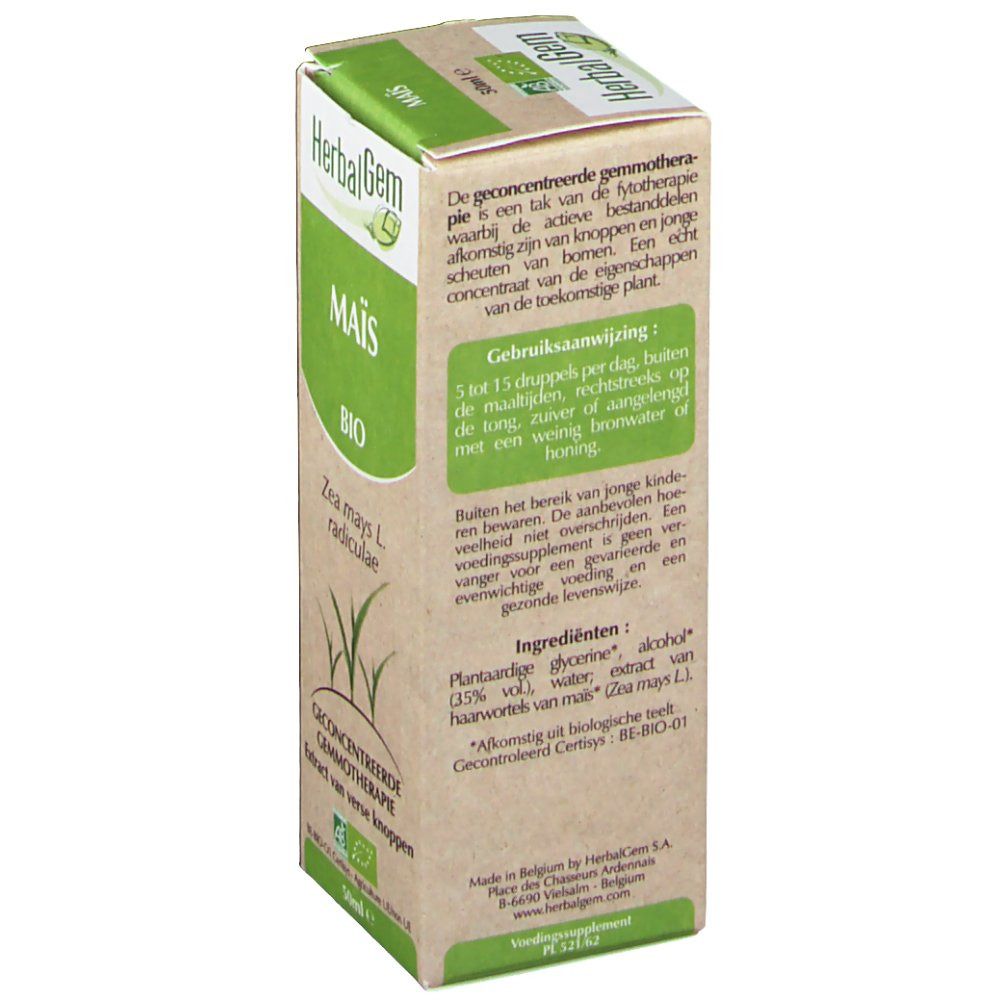 Confezione in cartone con informazioni sul prodotto. Scritta: HerbalGem Mais Bio. Marchio biologico. Nome botanico: Zea mays L. radiculae. 50ml.