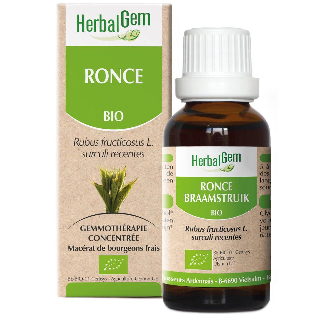 Flacone di vetro marrone con tappo bianco e scatola. Scritta: HerbalGem, Ronce Bio. Certificazione: AB-BIO-01 Certisys.