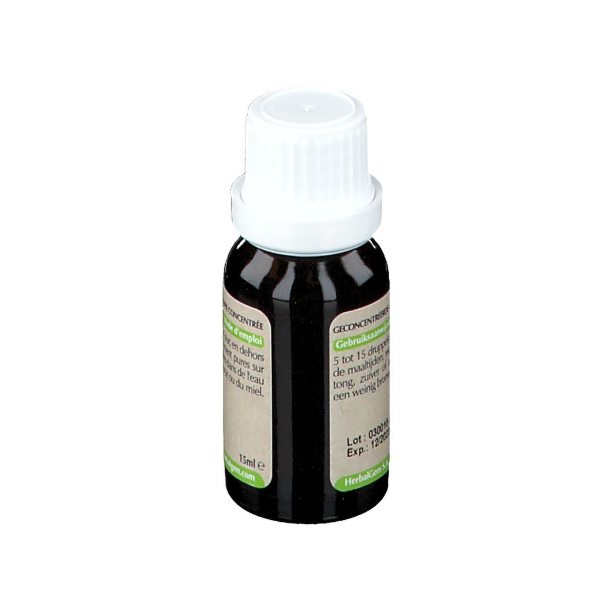 Flacone di vetro marrone con tappo bianco. Etichetta con informazioni sul prodotto. HerbalGem.