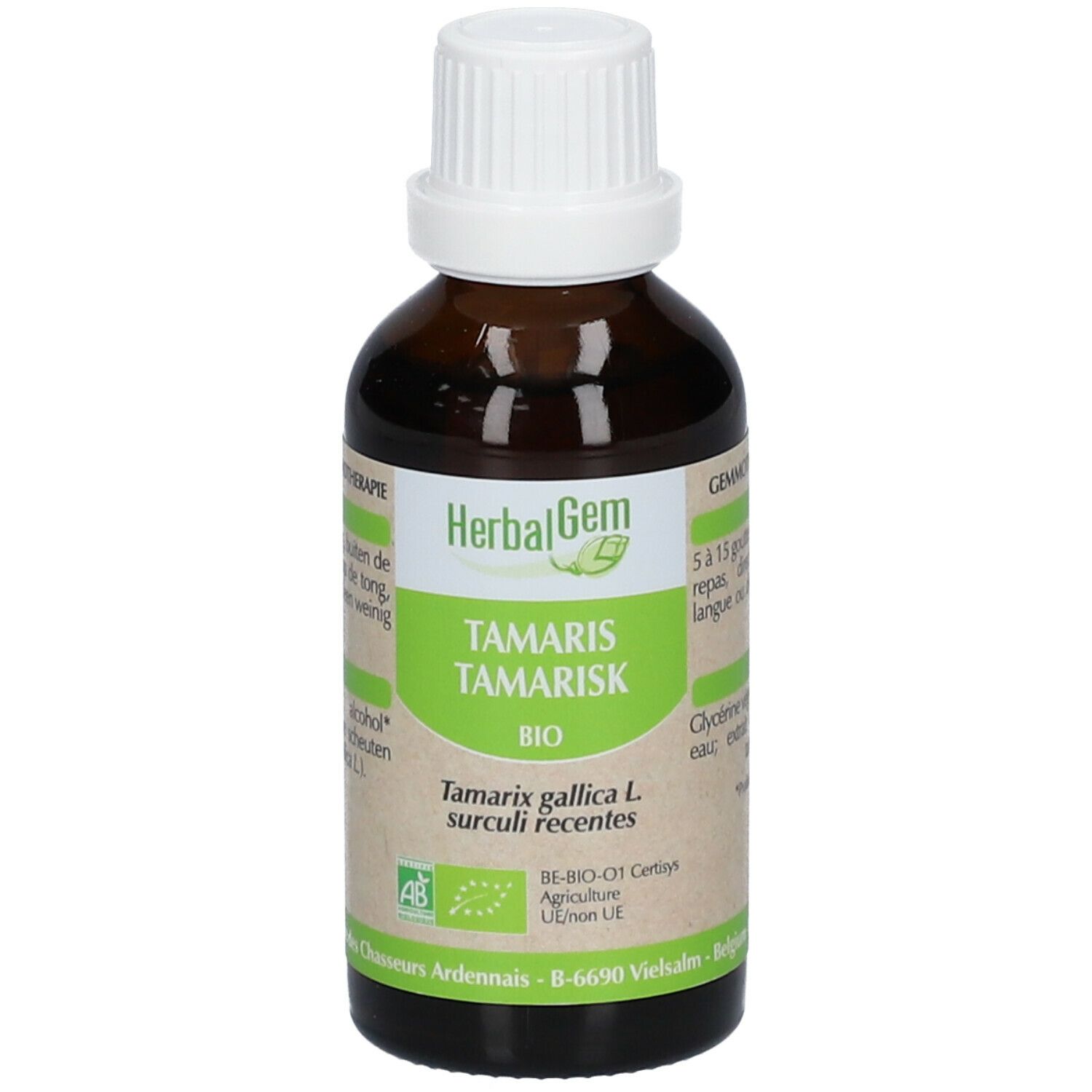 Flacone di vetro marrone con tappo bianco. Etichetta con nome del prodotto, marchio HerbalGem e sigillo bio. Liquido.