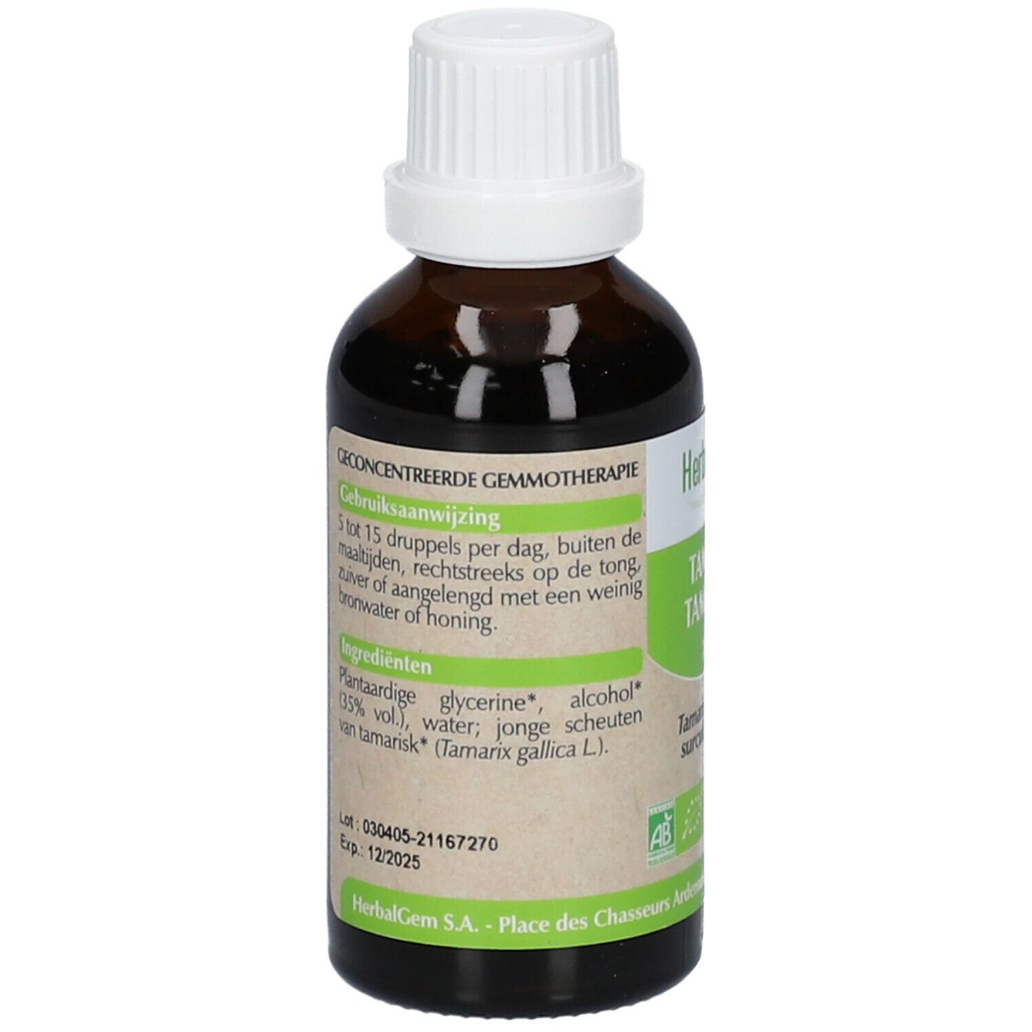 Flacone di vetro marrone con tappo bianco. Etichetta con ingredienti, istruzioni per l'uso e sigillo bio. Liquido.