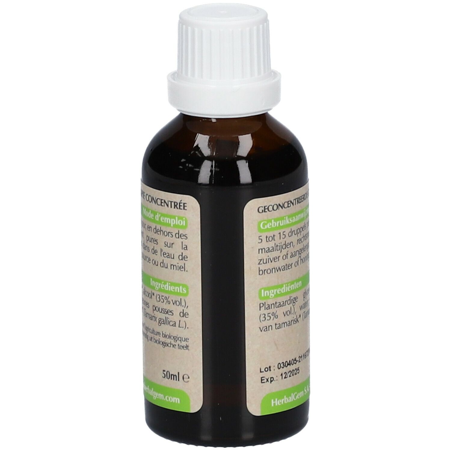 Flacone di vetro marrone con tappo bianco. Etichetta con ingredienti, istruzioni per l'uso e sigillo bio. Liquido.