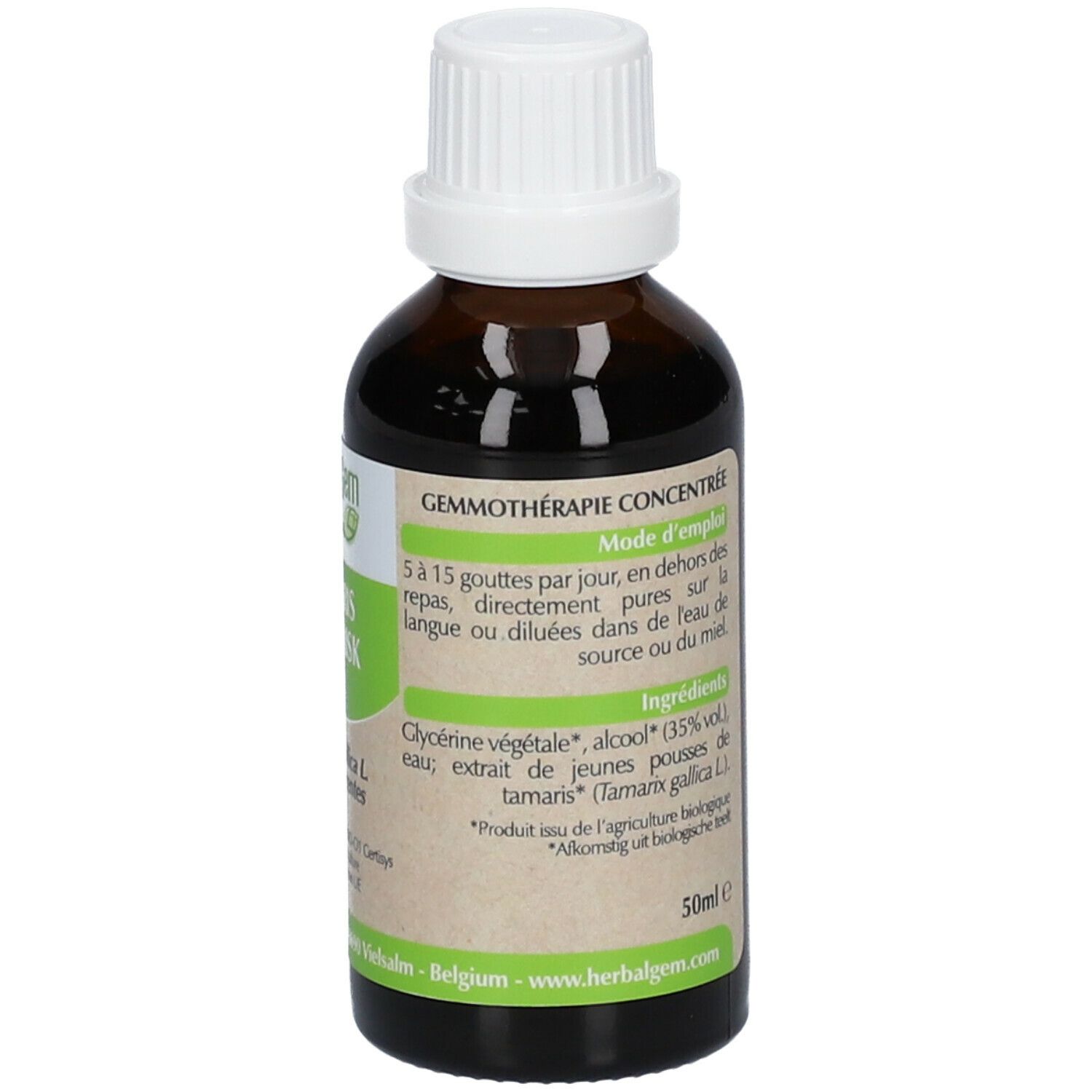 Flacone di vetro marrone con tappo bianco. Etichetta con ingredienti, istruzioni per l'uso e sigillo bio. Liquido.