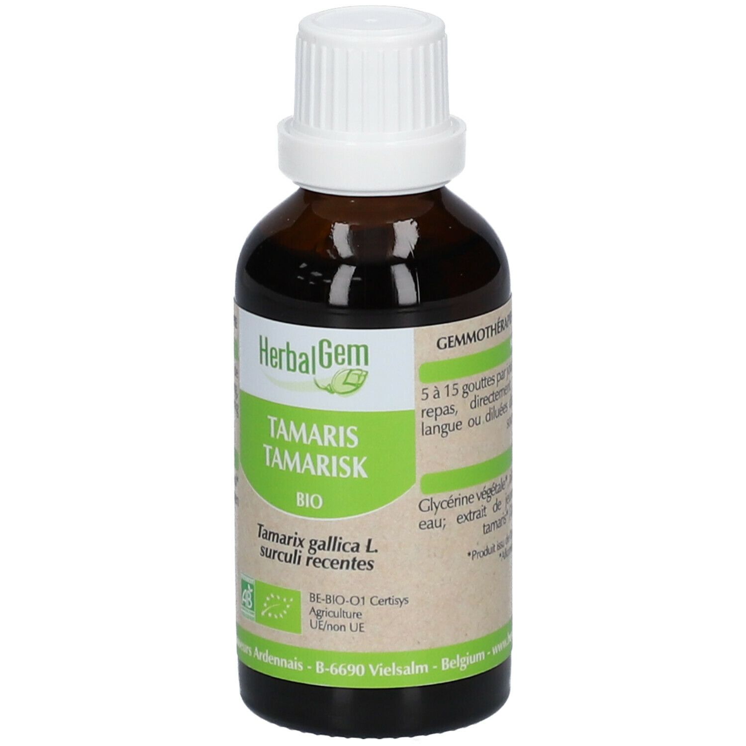 Flacone di vetro marrone con tappo bianco. Etichetta con nome del prodotto, marchio HerbalGem e sigillo bio. Liquido.