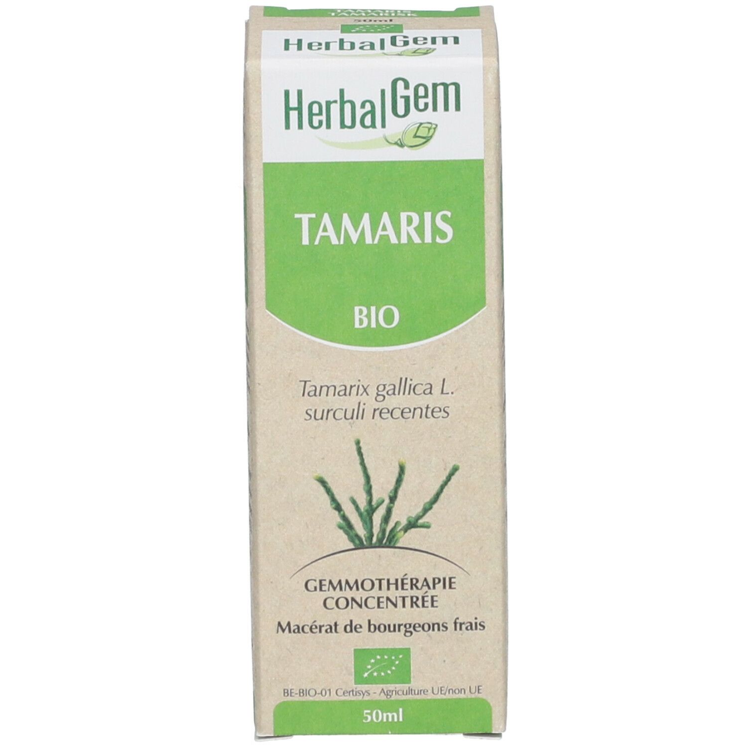 Scatola con nome del prodotto, marchio HerbalGem e sigillo bio. Design verde e bianco. Illustrazione del prodotto.