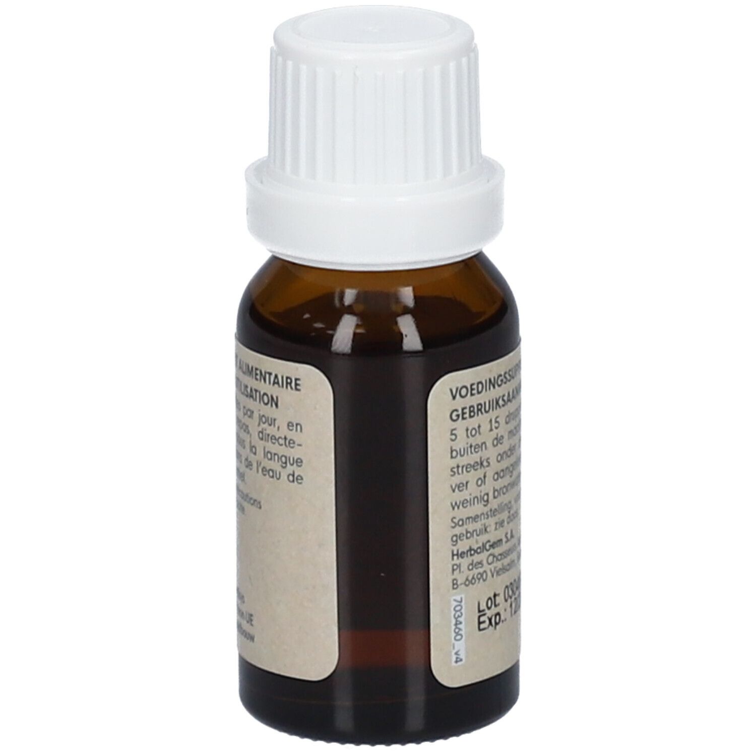 Flacone di vetro marrone con tappo bianco. Etichetta con testo. 15ml.