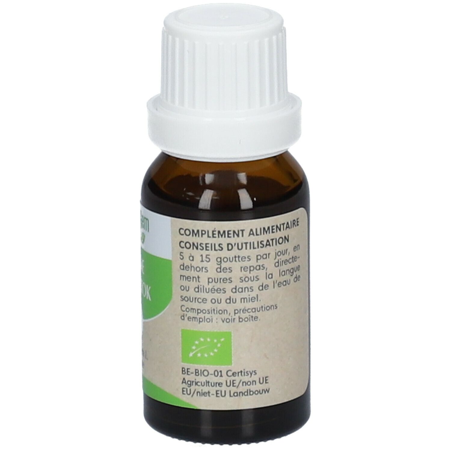 Flacone di vetro marrone con tappo bianco. Etichetta con testo e marchio bio. 15ml.