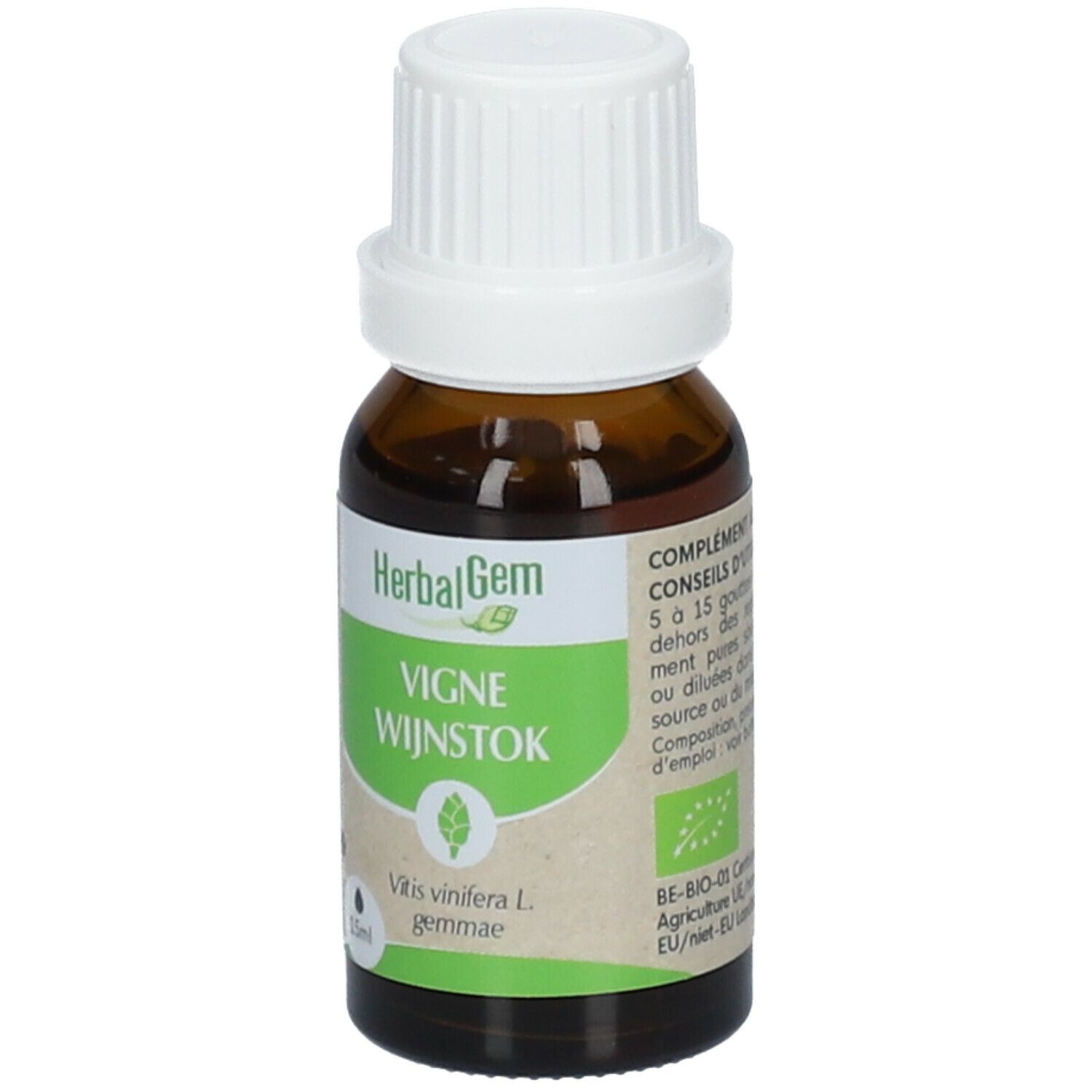 Flacone di vetro marrone con tappo bianco. Etichetta con logo HerbalGem e testo. 15ml.