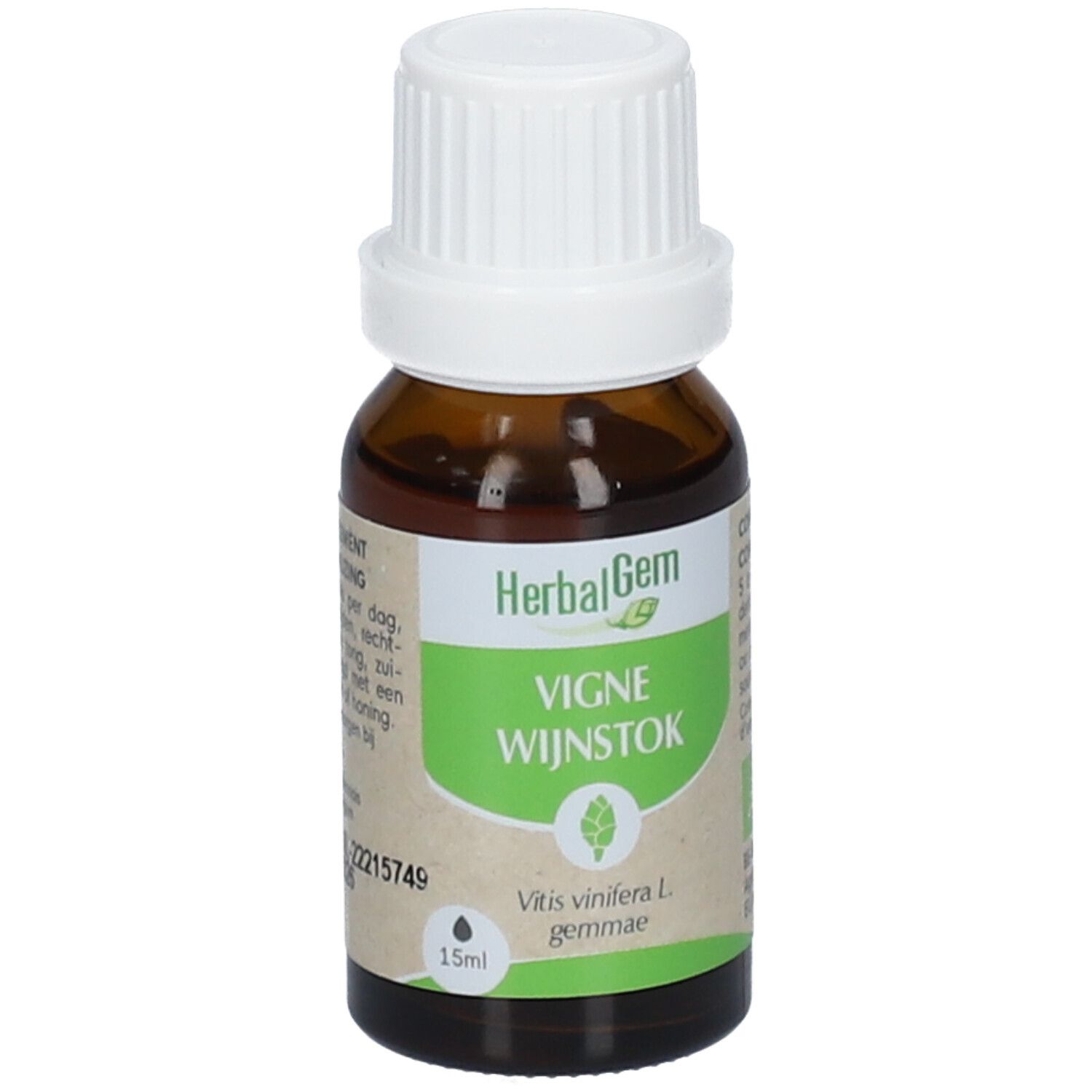 Flacone di vetro marrone con tappo bianco. Etichetta con logo HerbalGem e testo. 15ml.