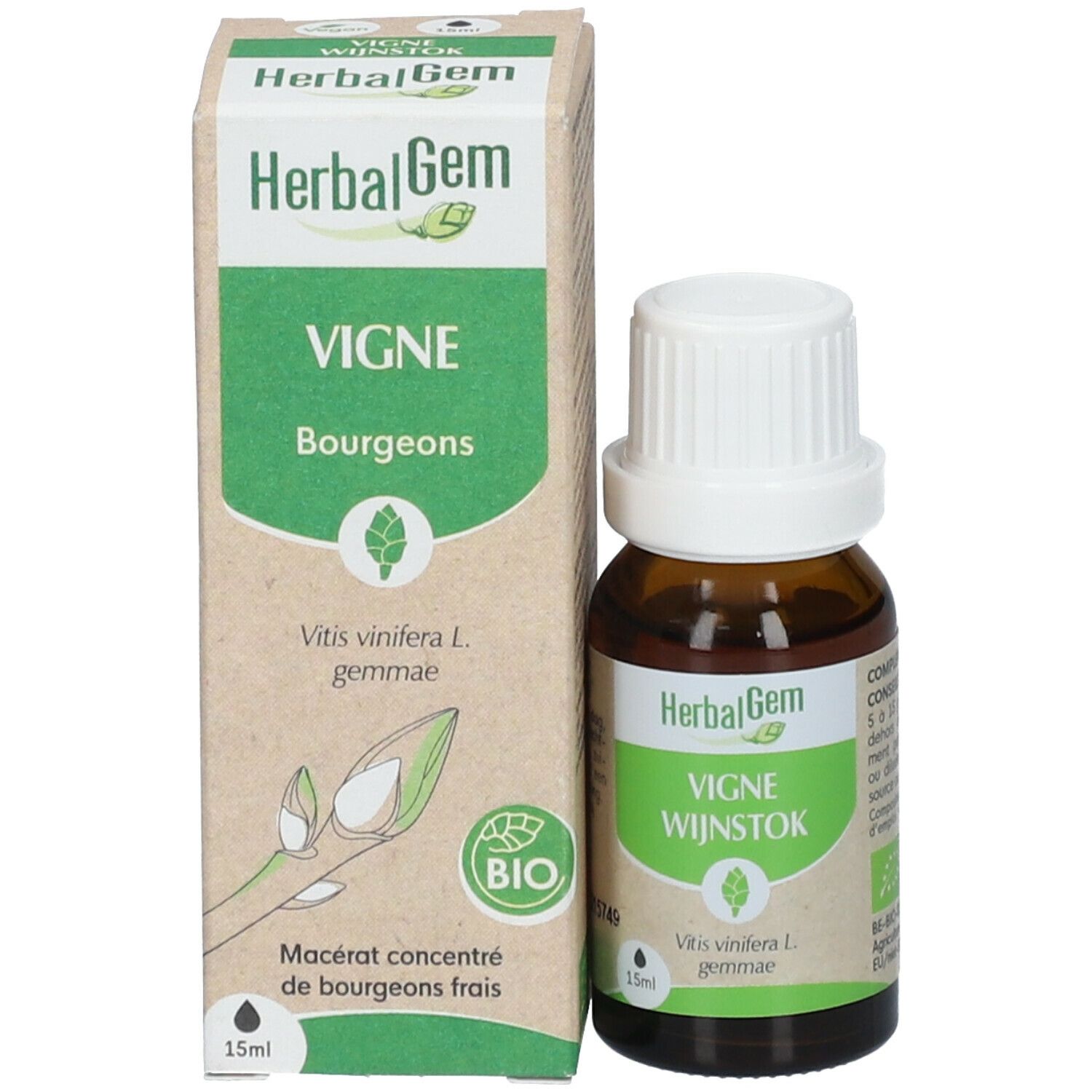 Flacone e confezione in cartone. Etichetta con testo e marchio bio. 15ml.