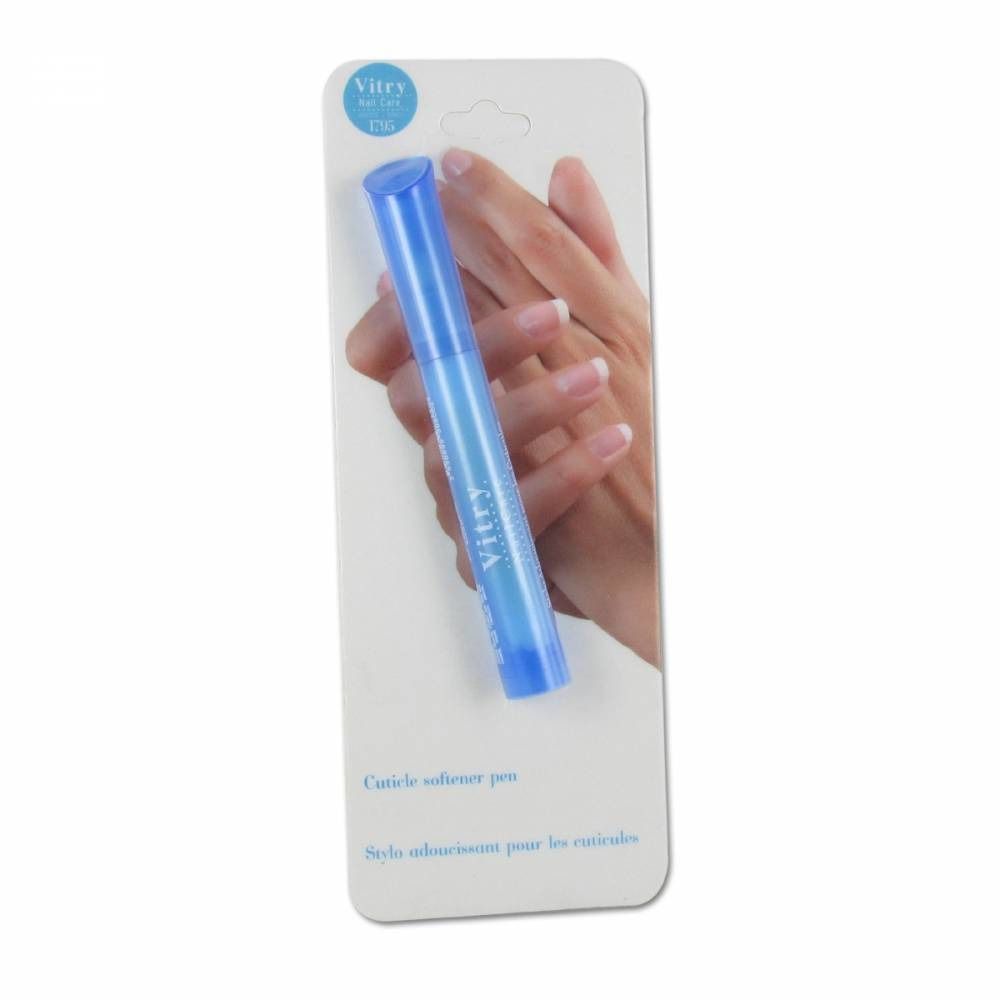 Penna per cuticole blu su confezione. Marchio Vitry. Scritta: Cuticle softener pen, Stylo adoucissant pour les cuticules.