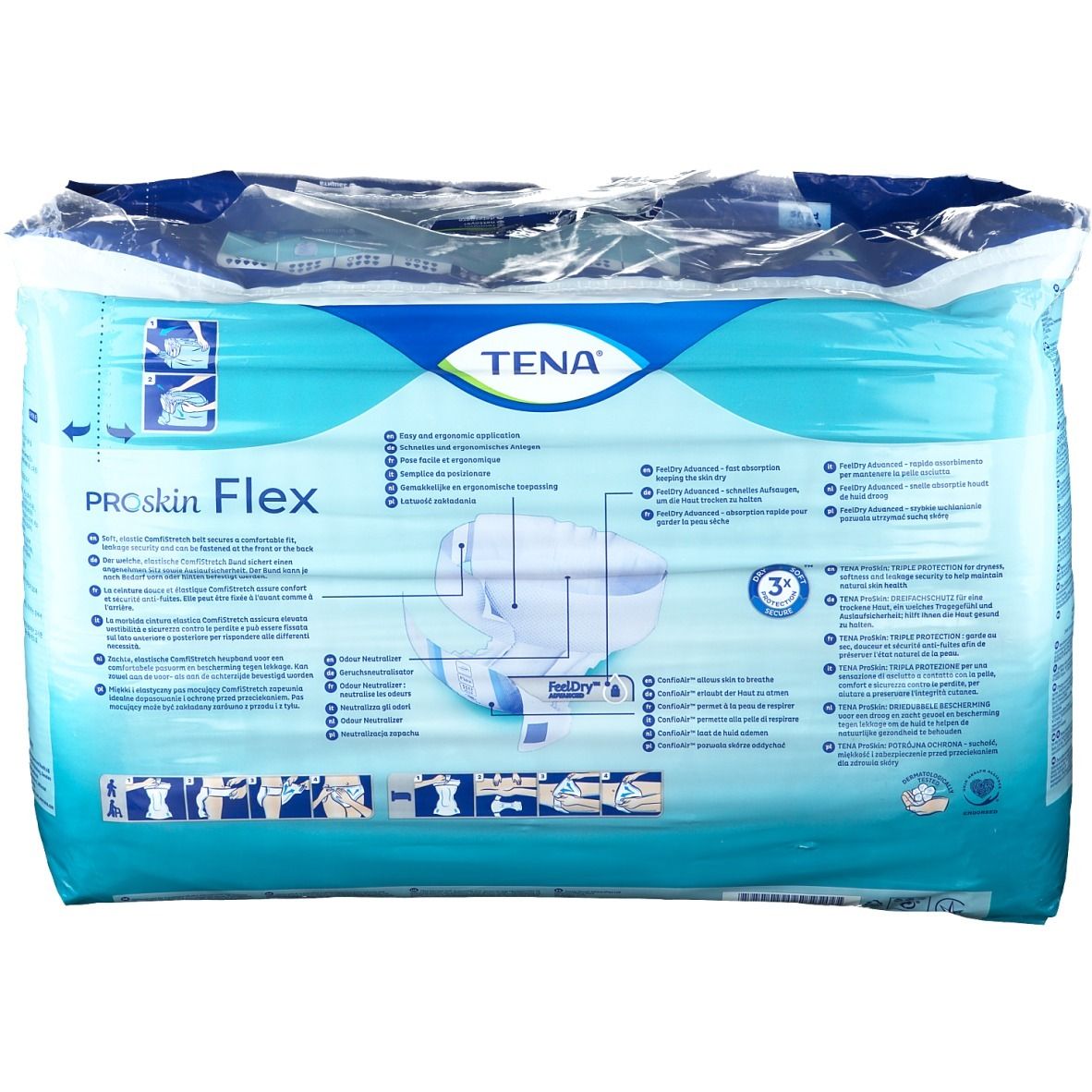 Retro della confezione Tena Flex Plus M. Informazioni sul prodotto e pittogrammi su sfondo blu. Marchio visibile.