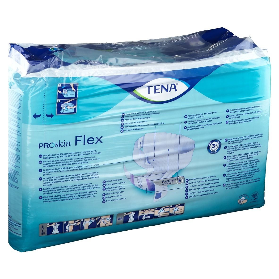 Confezione Tena® Flex Maxi L. Imballaggio blu e bianco, trasparente. Scritte: Tena, Proskin Flex, L, Maxi, x22. Illustrazione del prodotto.