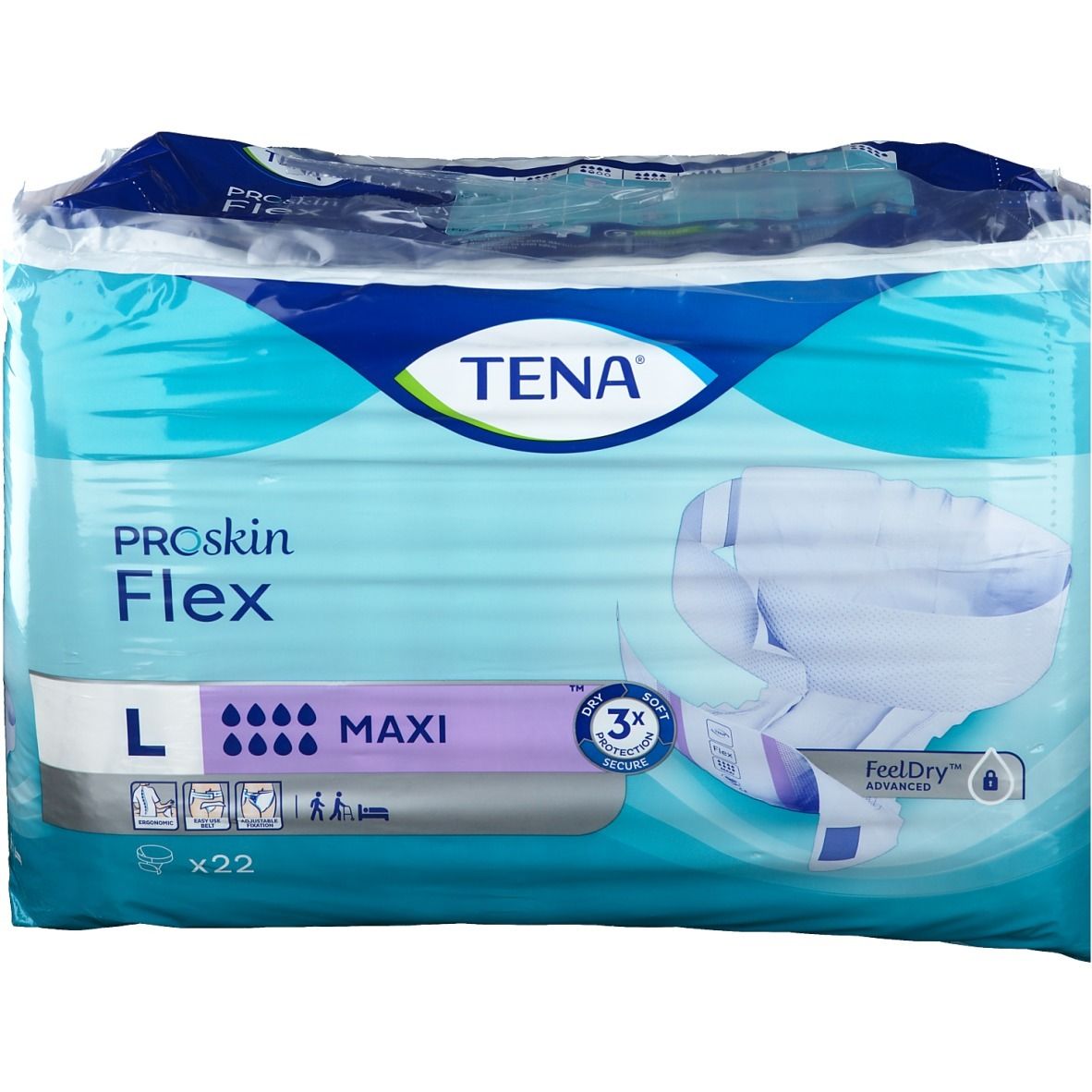 Confezione Tena® Flex Maxi L. Imballaggio blu e bianco, trasparente. Scritte: Tena, Proskin Flex, L, Maxi, x22. Indicatori di umidità, 3x Secure.
