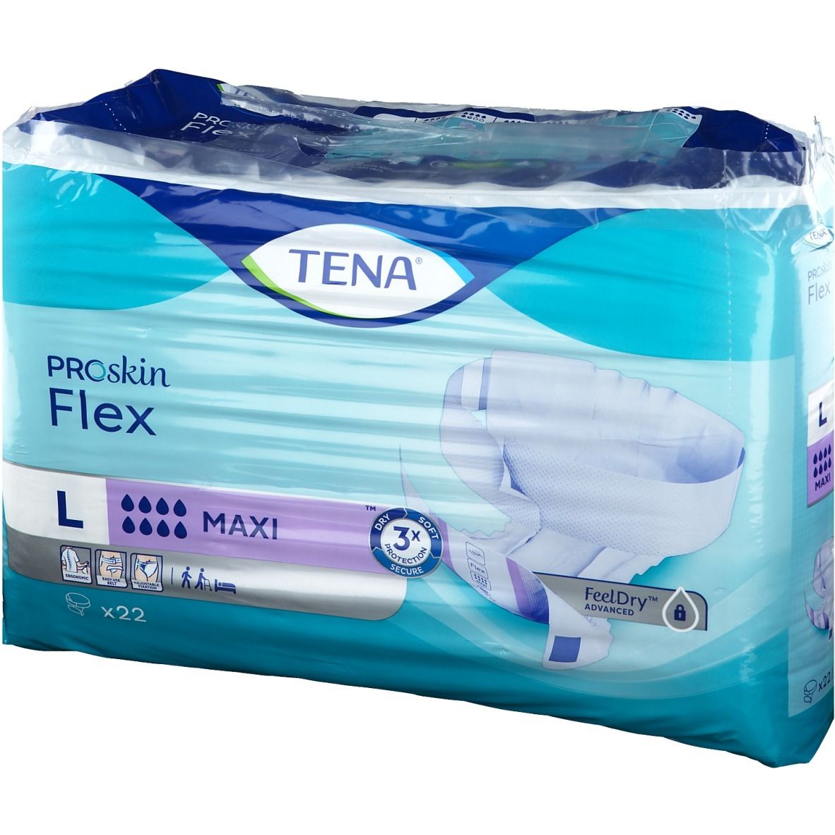 Confezione Tena® Flex Maxi L. Imballaggio blu e bianco, trasparente. Scritte: Tena, Proskin Flex, L, Maxi, x22. Indicatori di umidità, 3x Secure.