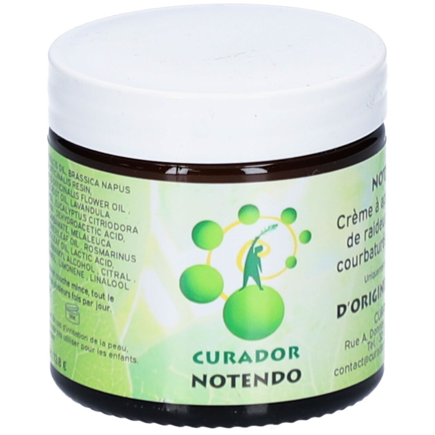 Vasetto di crema con coperchio bianco. Adesivo con testo: NOTENDO, CURADOR. Design verde.