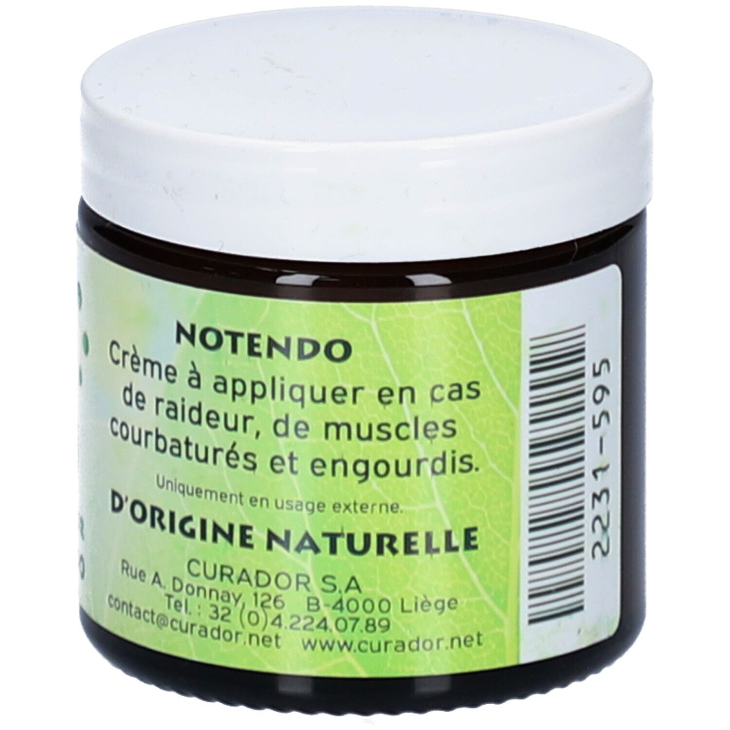 Vasetto marrone con coperchio bianco. Etichetta verde con testo. Scritta: NOTENDO, D'ORIGINE NATURELLE.