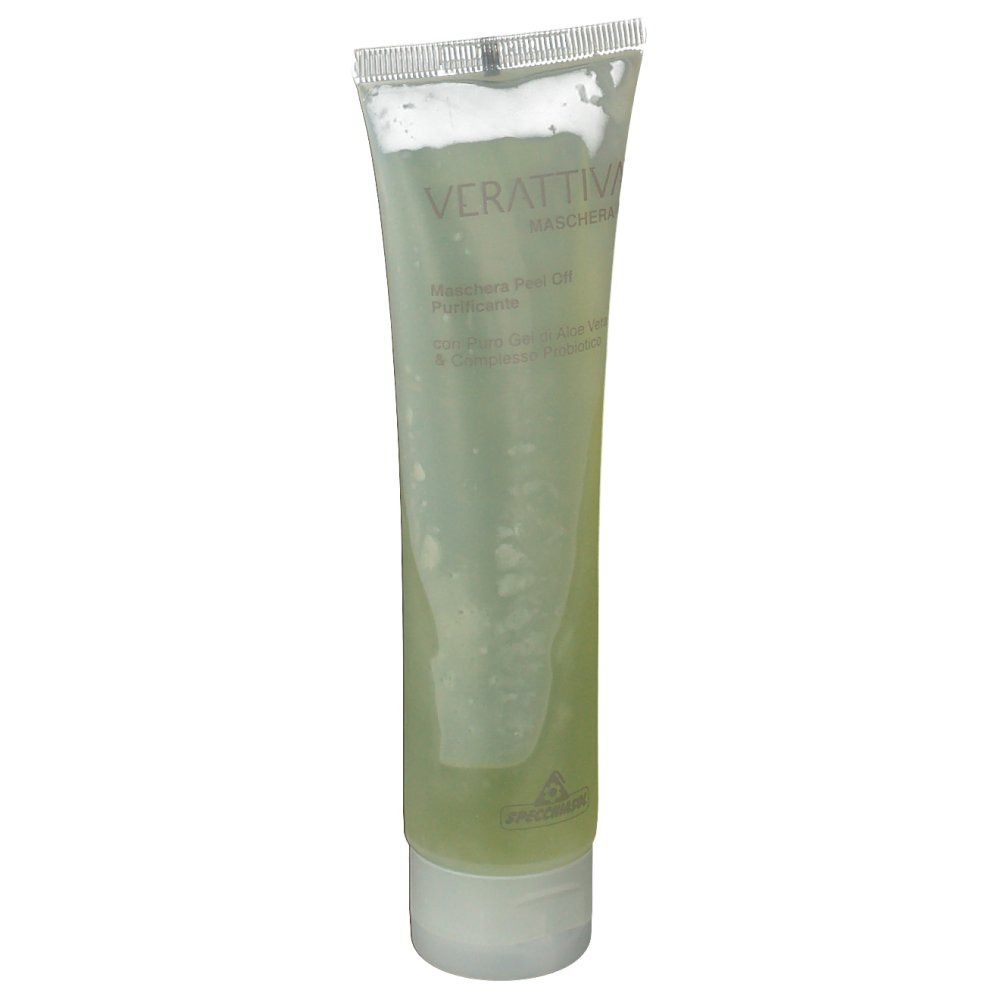 Tubo trasparente con gel verdognolo. Scritta: Verattiva Maschera Peel Off Purificante. Con Aloe Vera.