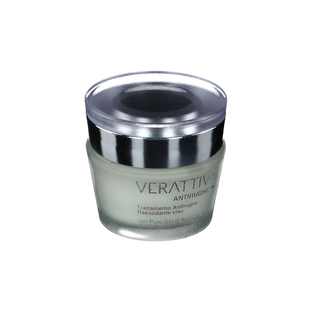 Vaso di crema con bordo argentato e coperchio trasparente. Scritta: Verattiva, Antirughe, Trattamento Antirughe, Rassodante viso.