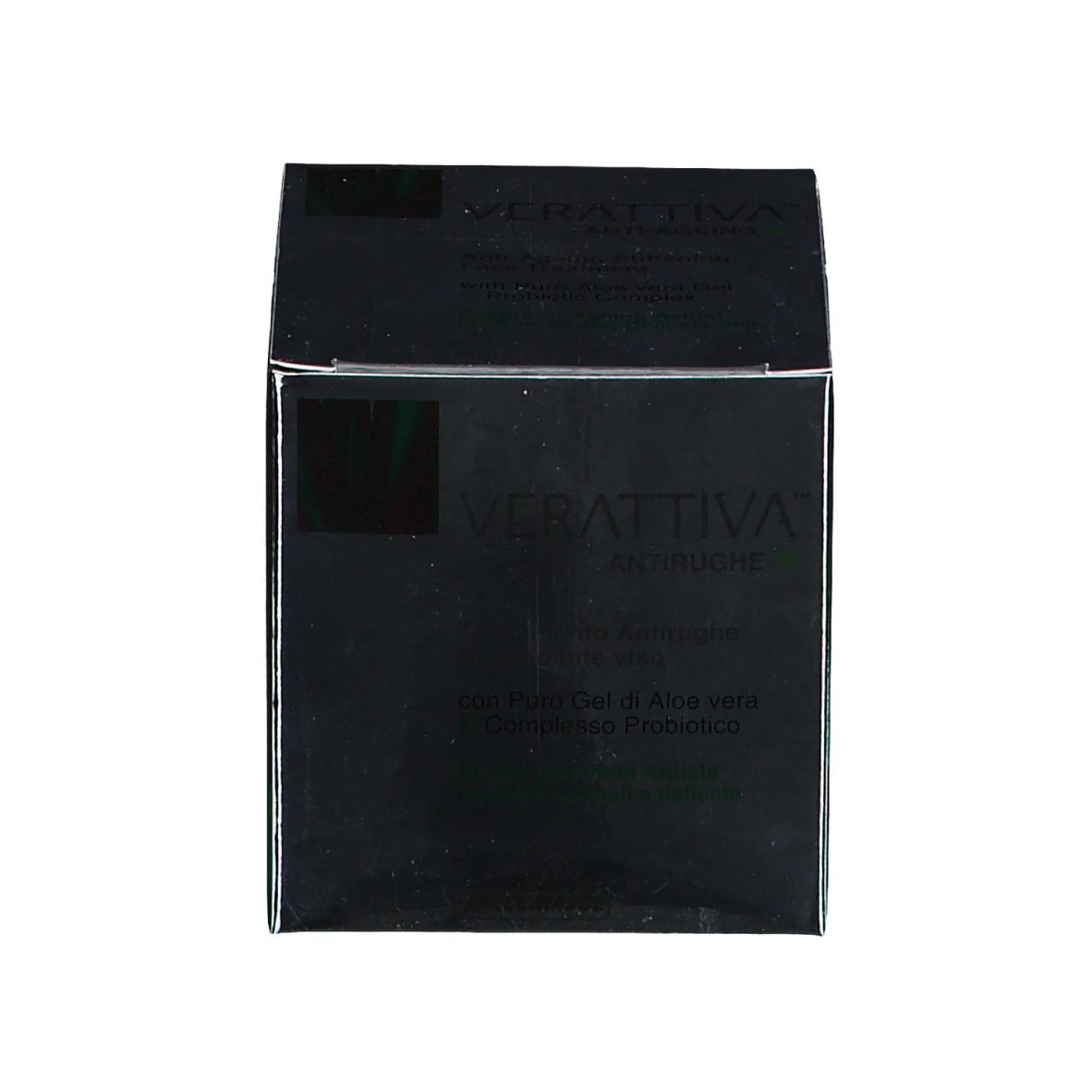 Confezione nera con nome del prodotto e informazioni. Scritta: Verattiva, Antirughe, con puro gel di aloe vera.