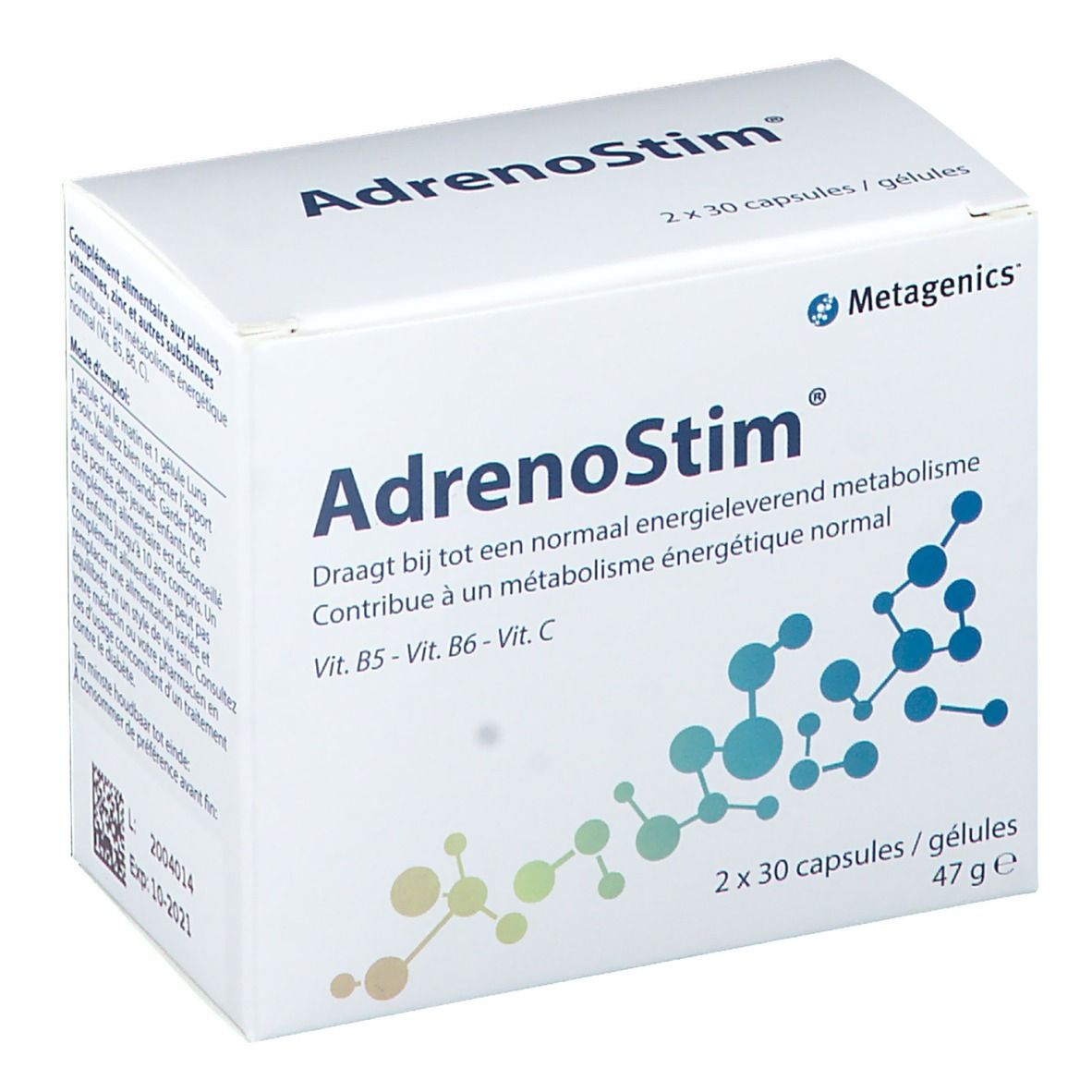 Scatola bianca AdrenoStim. Contiene 2x30 capsule. Logo Metagenics. Contiene vitamine B5, B6, C. 47g.