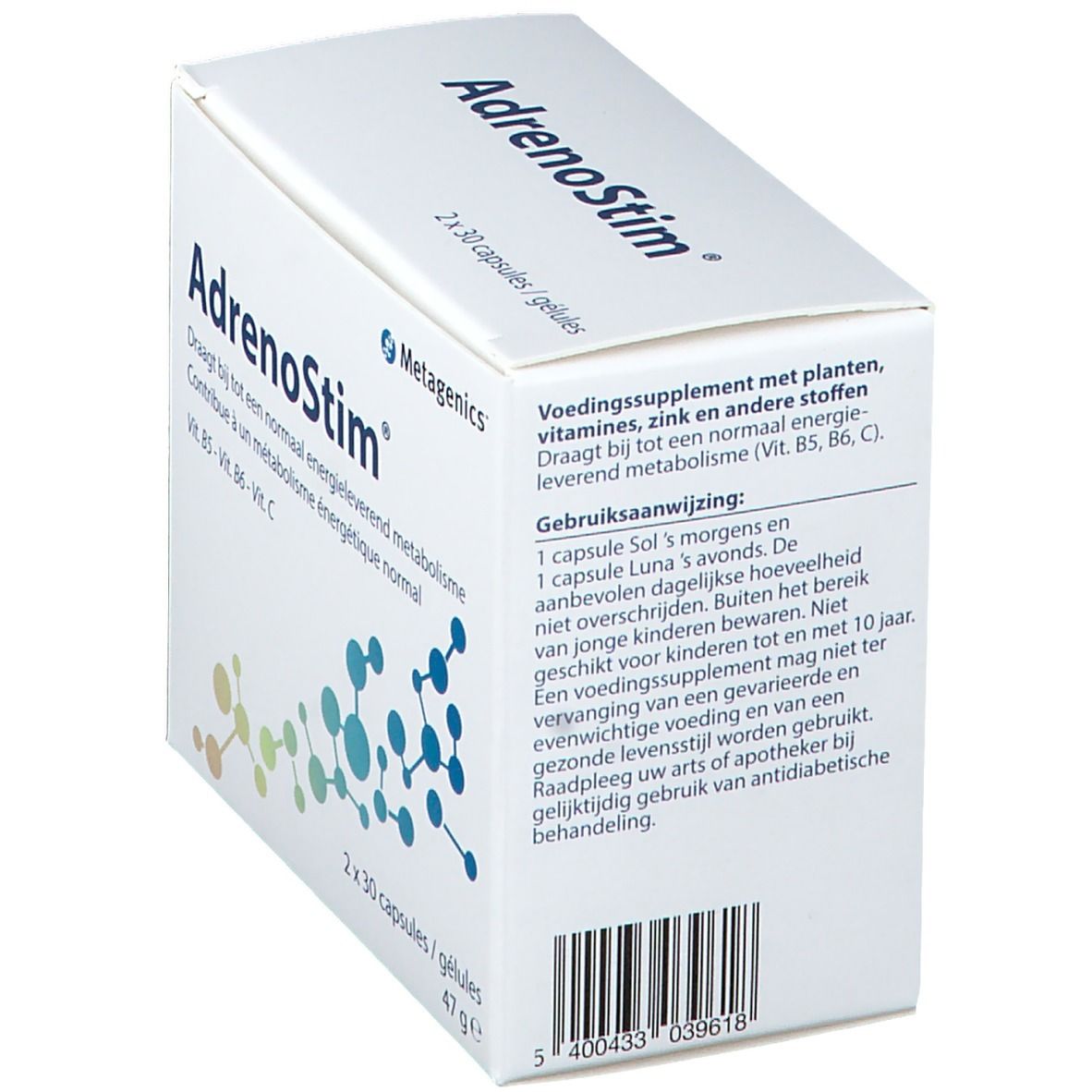 Scatola AdrenoStim bianca angolata. Contiene 2x30 capsule. Logo Metagenics. Testo in olandese.