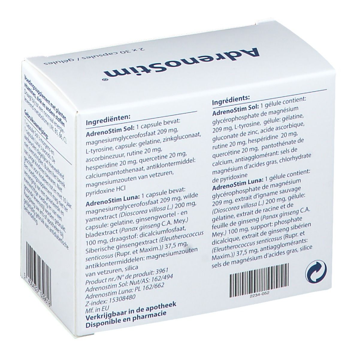 Scatola AdrenoStim bianca con elenco ingredienti. Contiene 2x30 capsule. Testo in olandese.