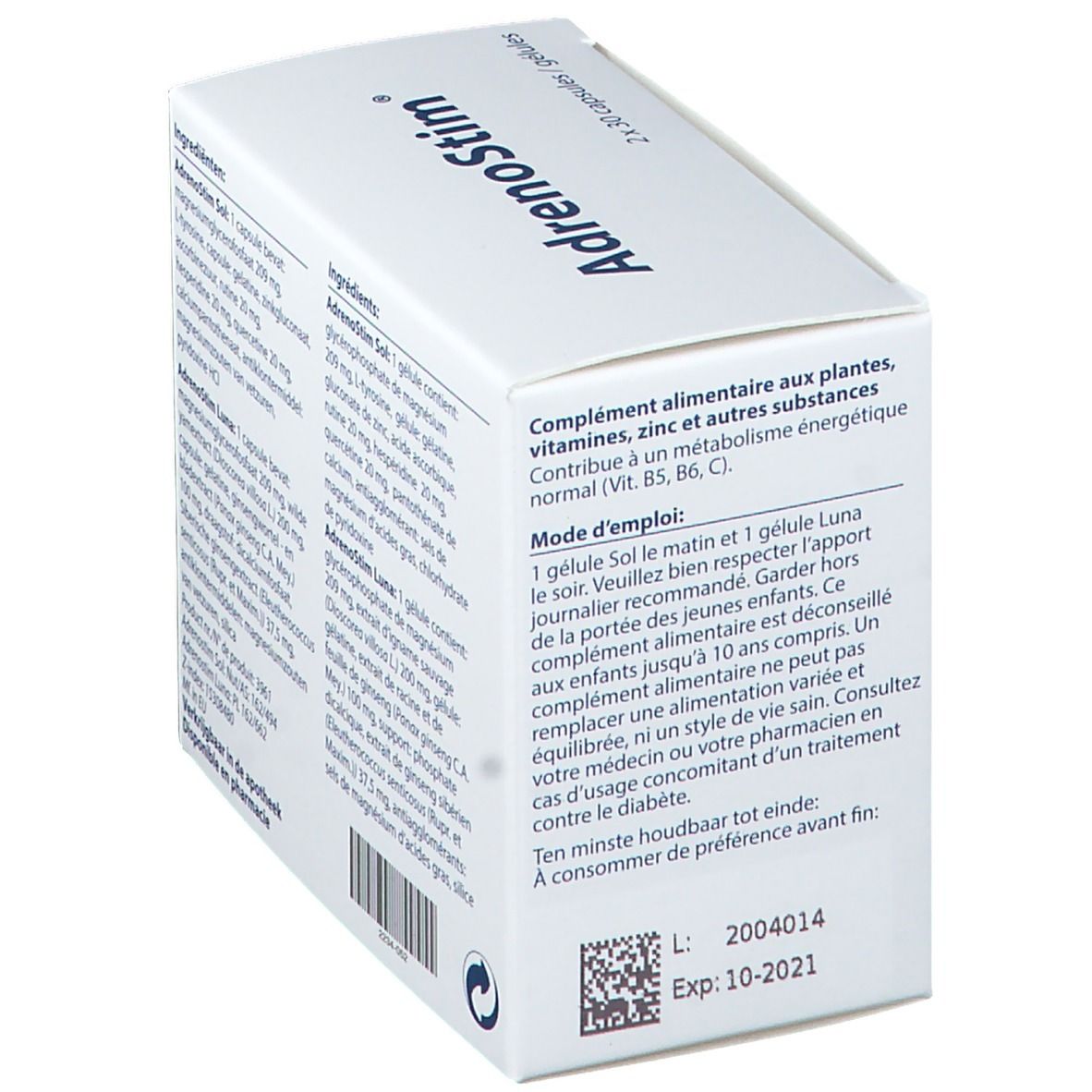 Scatola AdrenoStim bianca angolata. Contiene 2x30 capsule. Testo in francese.