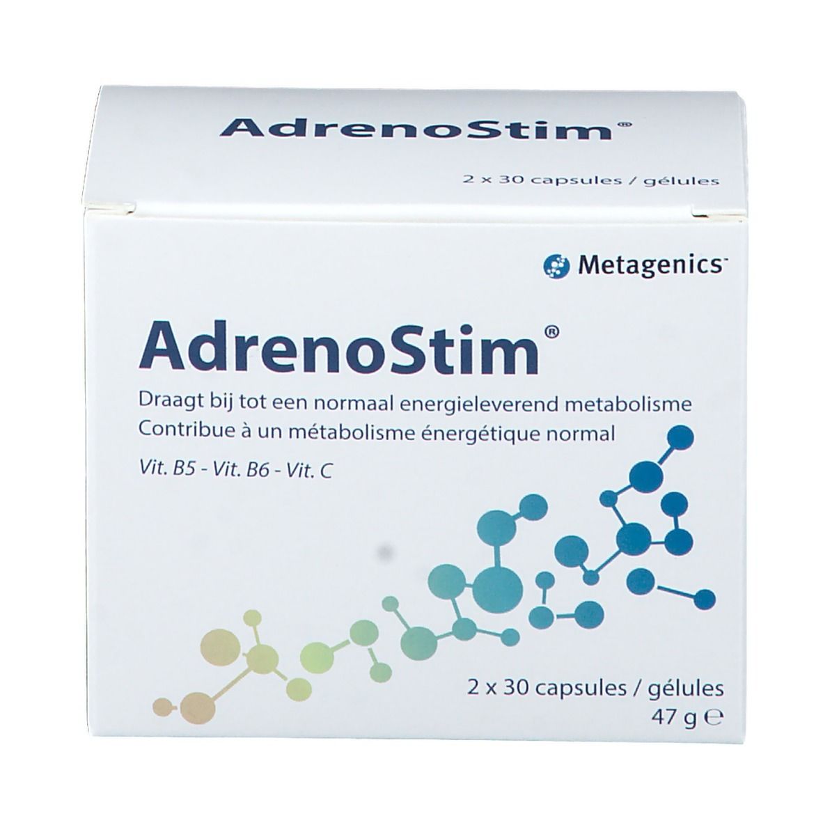 Scatola bianca AdrenoStim. Contiene 2x30 capsule. Logo Metagenics. Vitamine B5, B6, C. 47g.