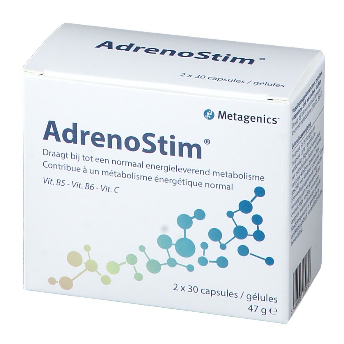 Scatola bianca AdrenoStim. Contiene 2x30 capsule. Logo Metagenics. Vitamine B5, B6, C. 47g.