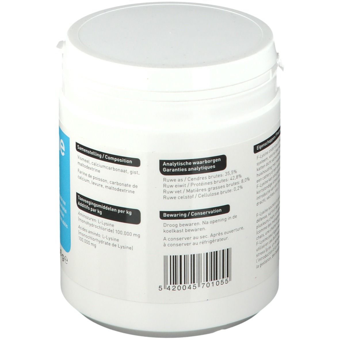 Retro del contenitore bianco. Contiene informazioni sugli ingredienti, i valori analitici e la conservazione. Codice a barre visibile.