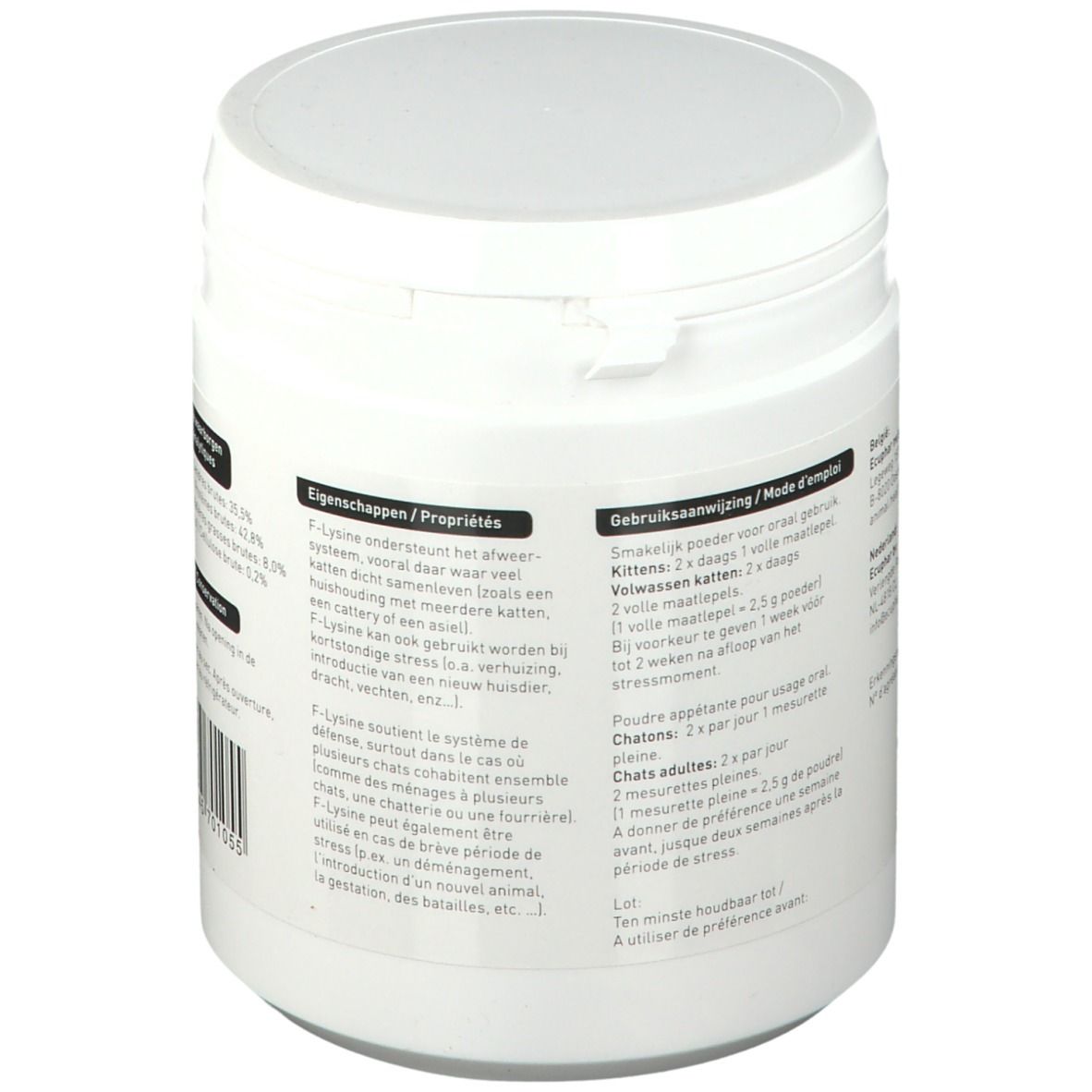 Retro del contenitore bianco. Informazioni su proprietà e modalità d'uso. Testo in francese e olandese.