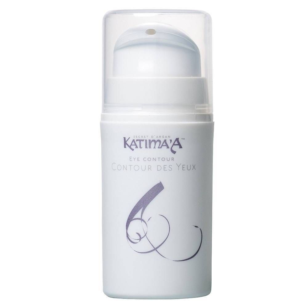 Flacone bianco con dosatore e tappo trasparente. Scritta: Katima'a, Eye Contour, Contour des Yeux.