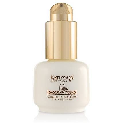 Flacone bianco con dosatore dorato. Scritta: Katima'a, Contour des Yeux, Eye Contour.