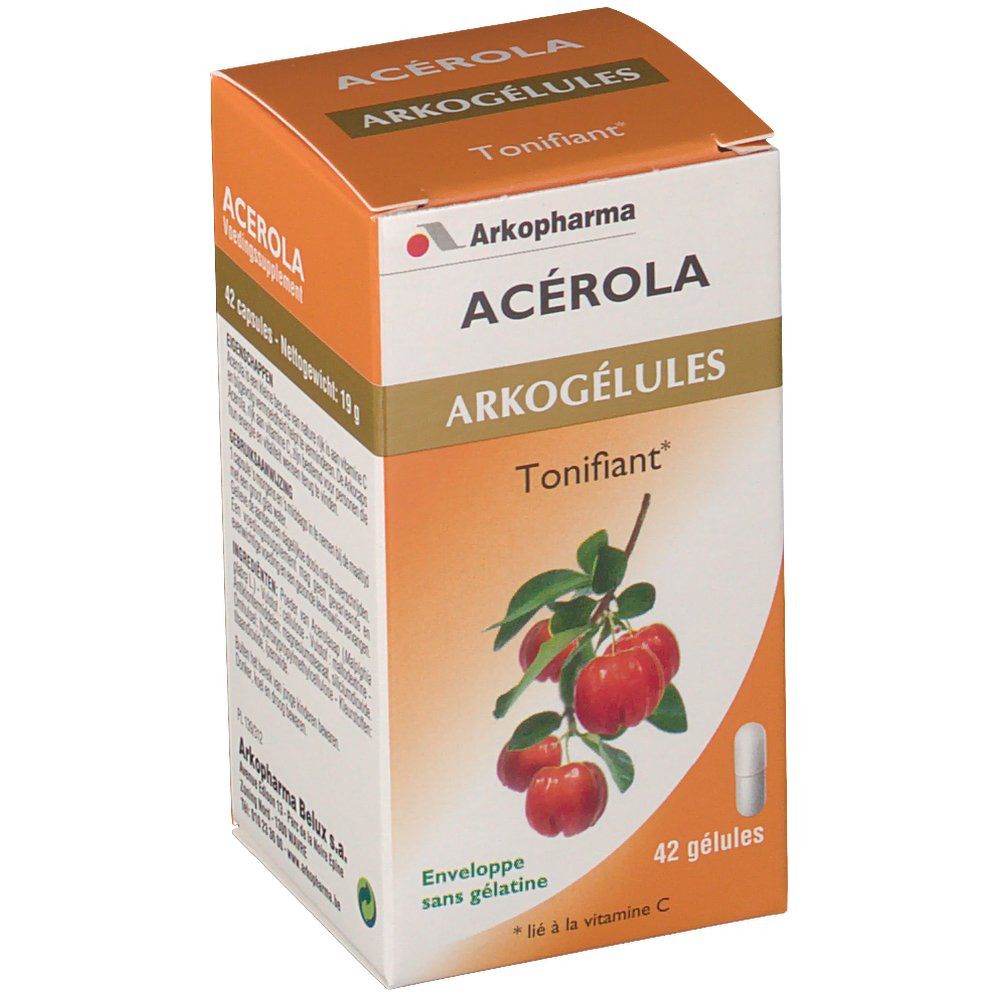 Scatola arancione Arkocaps Acerola. Scritta: 42 capsule. Illustrazione di frutti di acerola e capsula. Testo: "Tonificante".