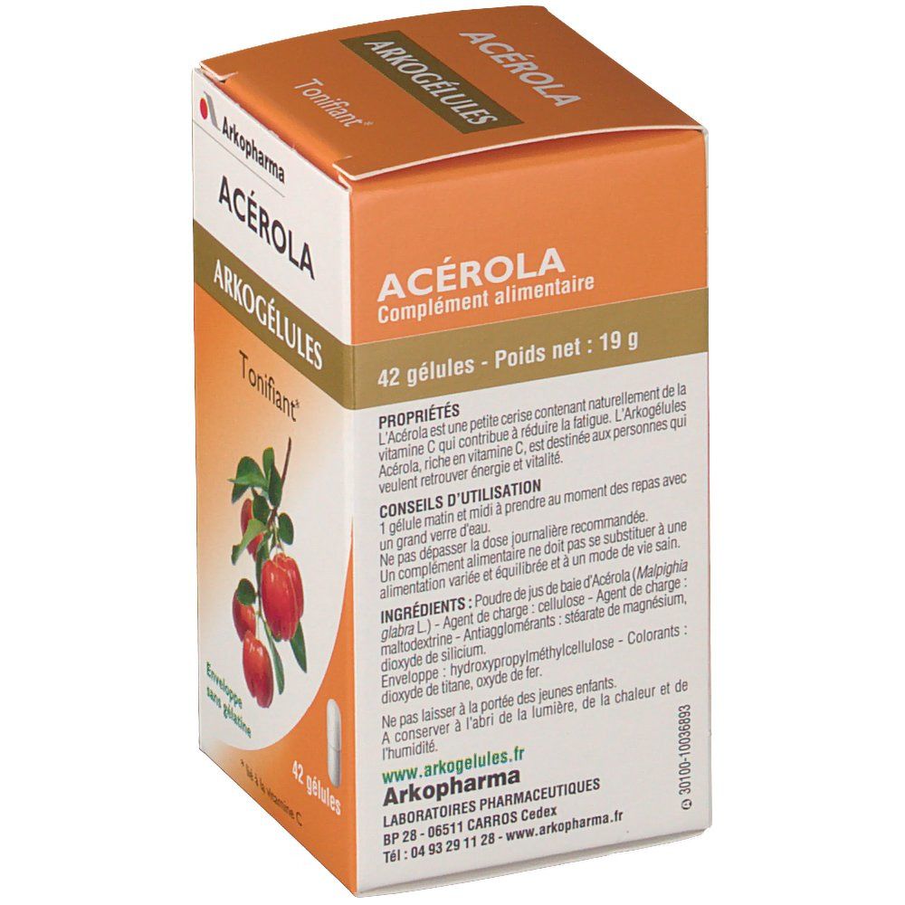 Scatola arancione Arkocaps Acerola. Scritta: 42 capsule, 19g. Illustrazione di frutti di acerola e capsula. Testo informativo.