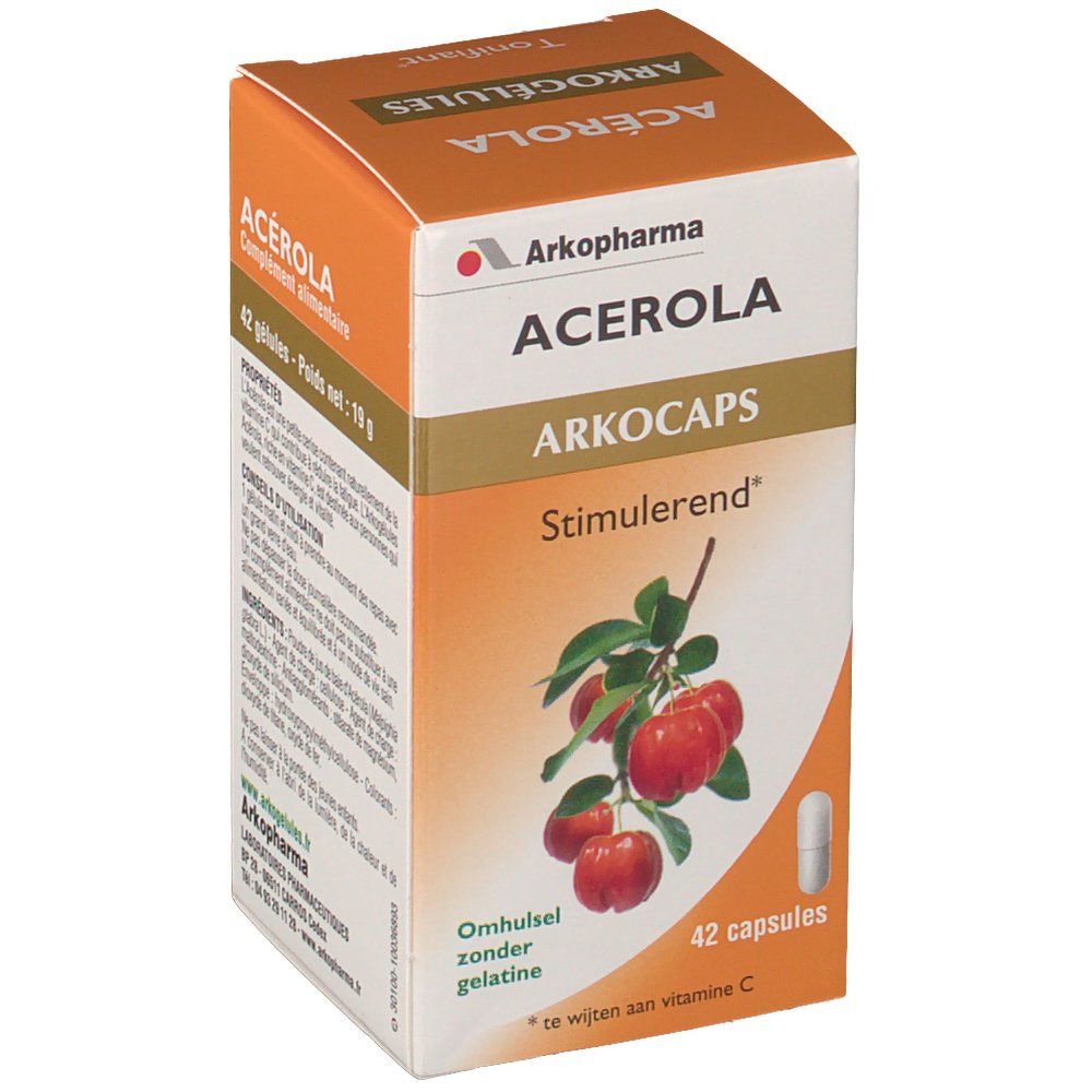 Scatola arancione Arkocaps Acerola. Scritta: 42 capsule. Illustrazione di frutti di acerola e capsula. Testo: Stimulerend.