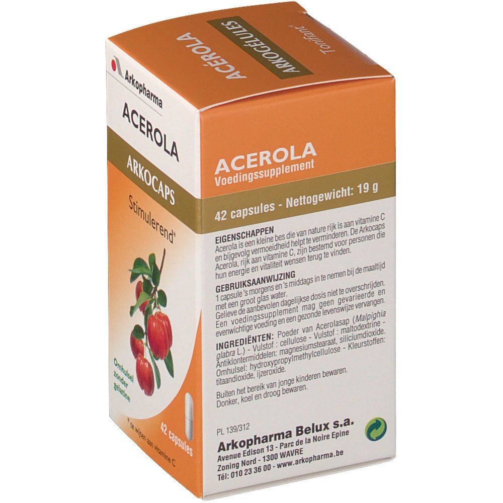 Scatola arancione Arkocaps Acerola. Scritta: 42 capsule, 19g. Illustrazione di frutti di acerola e capsula. Testo informativo.