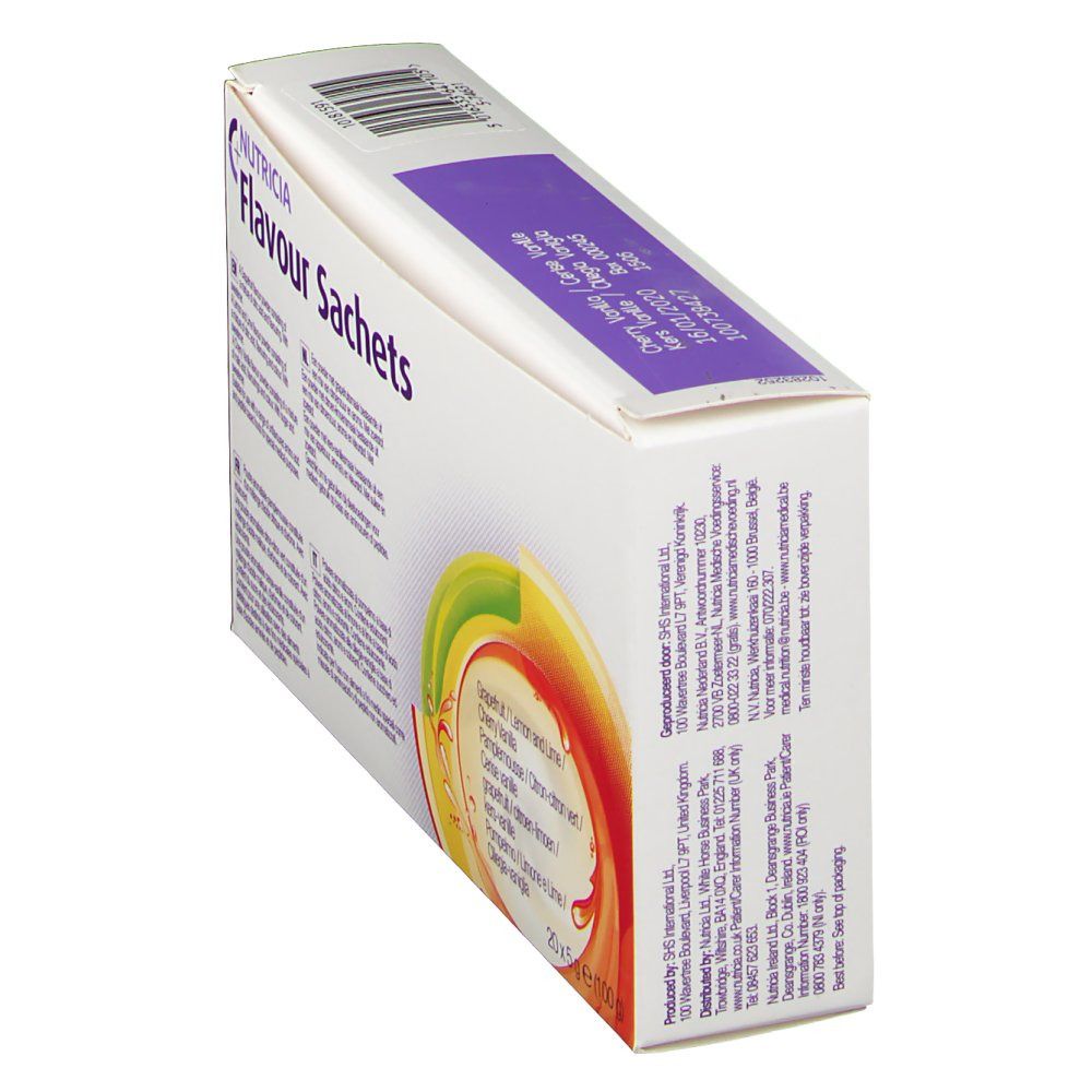 Scatola Nutricia Flavour Sachets. Scritto: Cherry Vanilla. Coperchio viola.