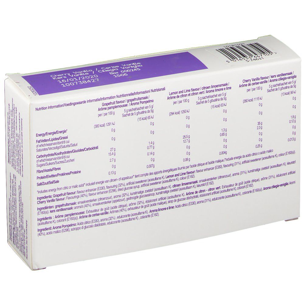 Retro della scatola con informazioni nutrizionali. Scritto: Cherry Vanilla. Diverse lingue.