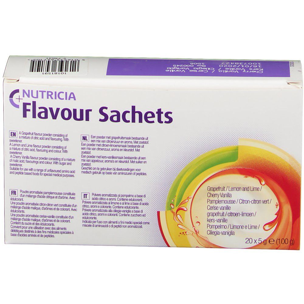 Scatola bianca Nutricia Flavour Sachets. Scritto: Cherry Vanilla. 20x5g bustine.