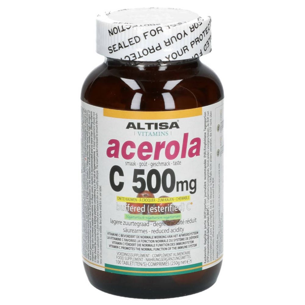 Flacone di vetro marrone con ALTISA Acerola C 500mg. Etichetta bianca con informazioni. Tappo con sigillo di sicurezza.