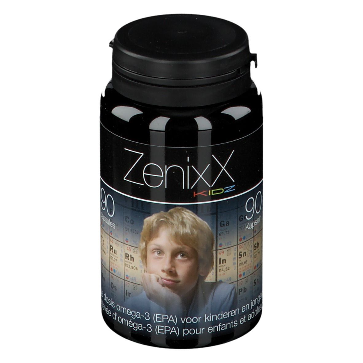 Flacone nero ZenixX Kidz. 90 capsule. Immagine di un ragazzo. Omega-3 per bambini.