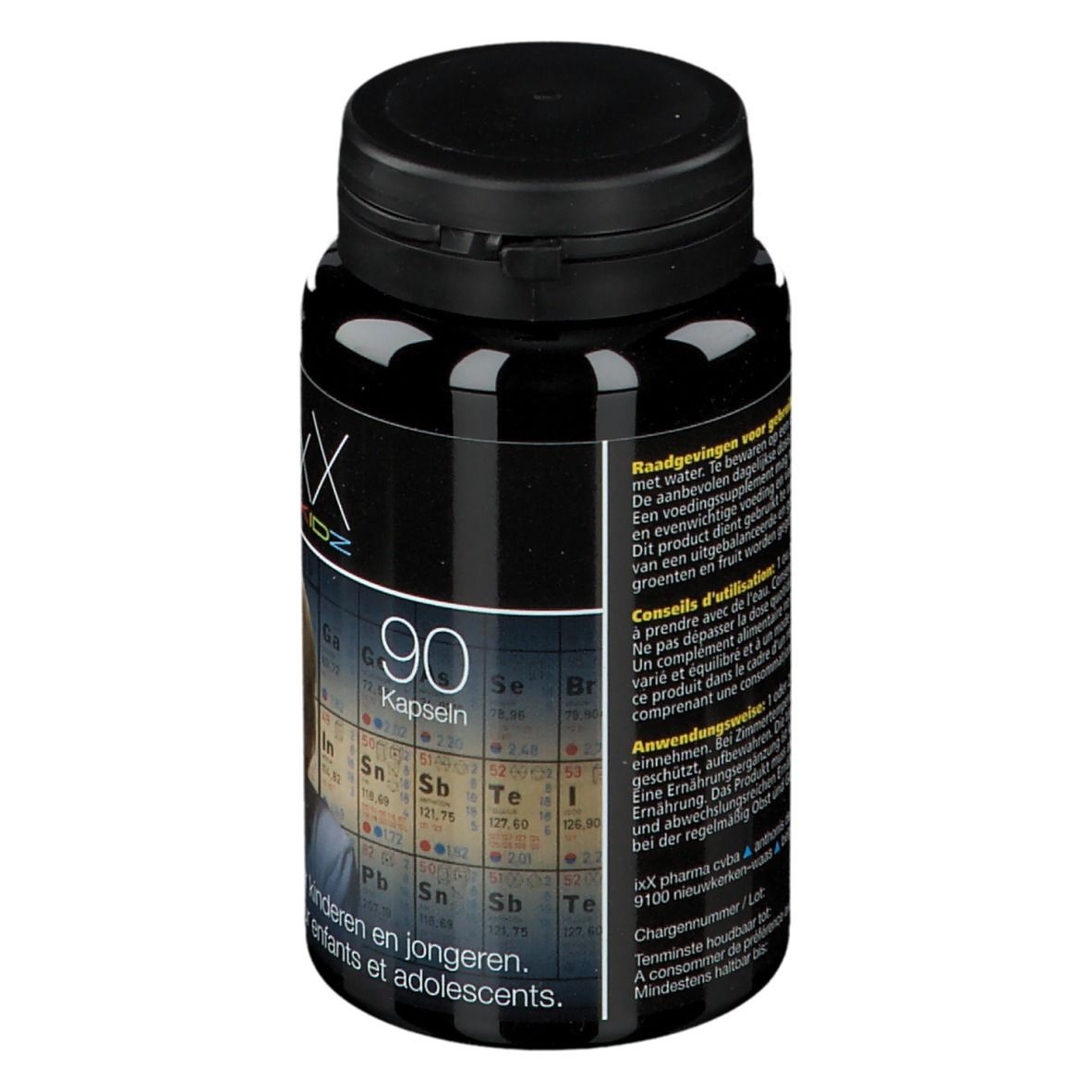 Retro flacone nero ZenixX Kidz. Testo, 90 capsule. Omega-3 per bambini e adolescenti.