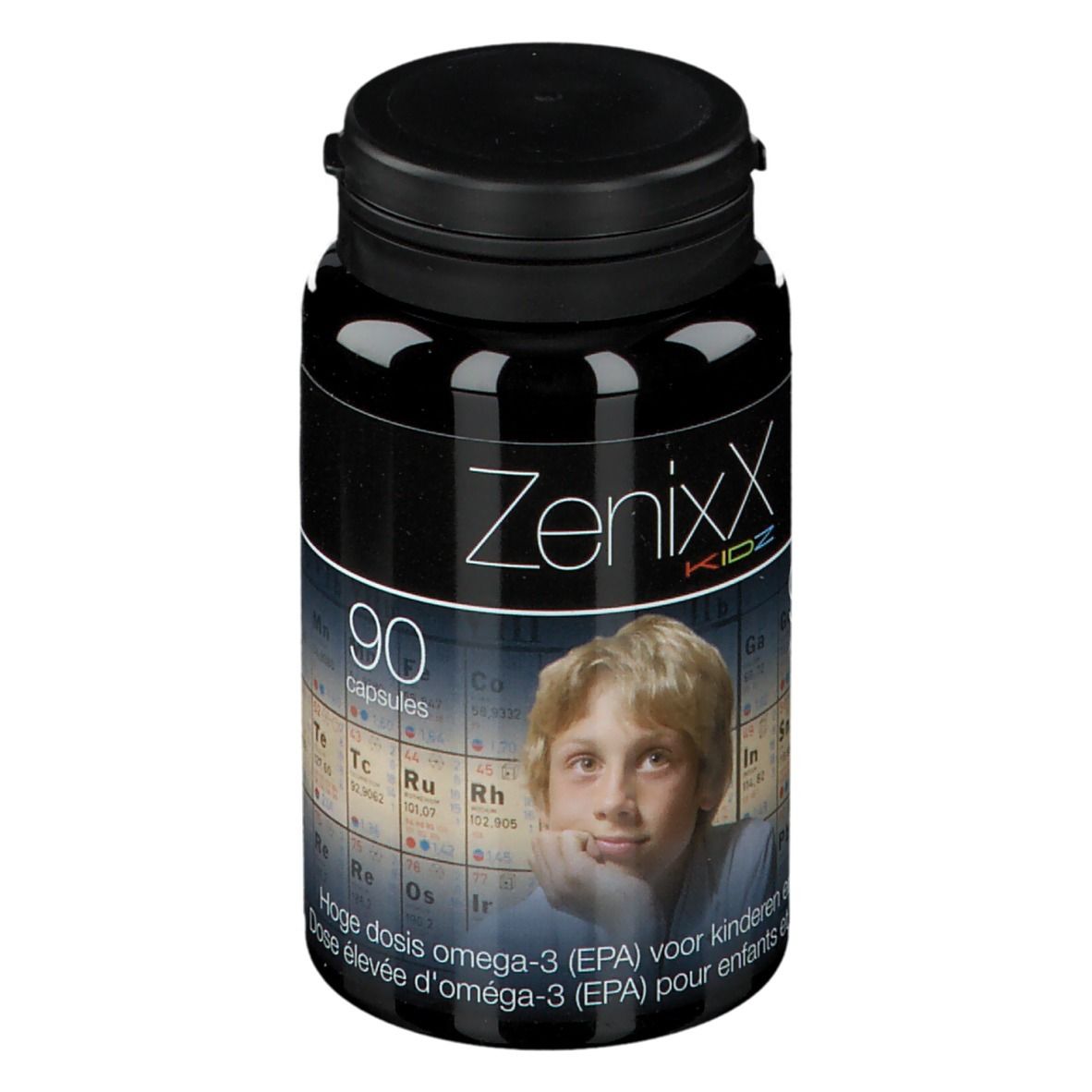 Flacone nero ZenixX Kidz. 90 capsule. Immagine di un ragazzo. Omega-3 per bambini e adolescenti.