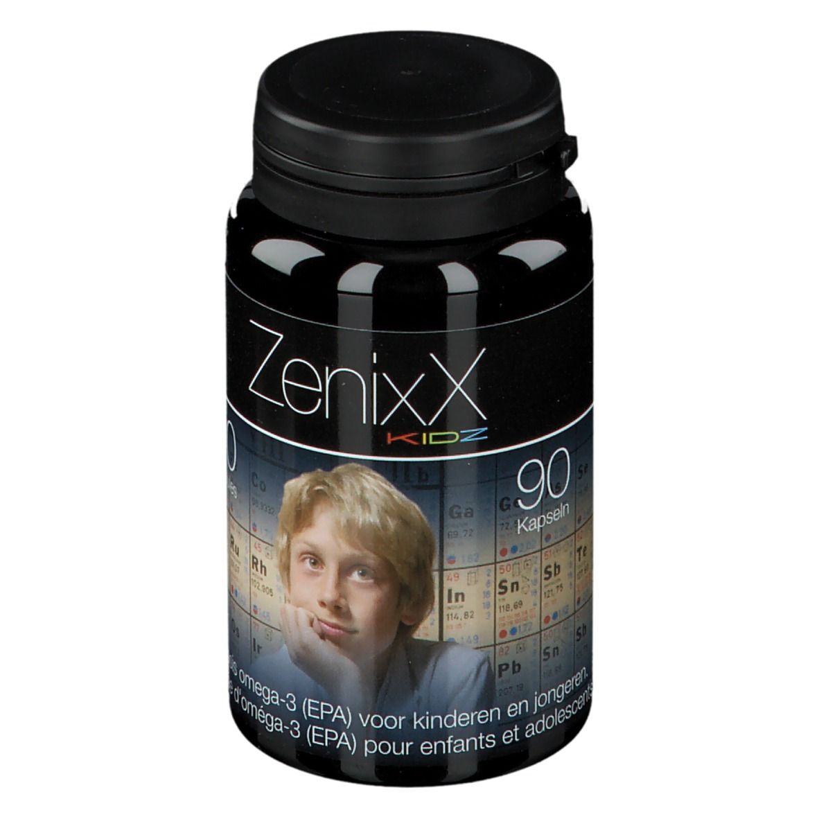 Flacone nero ZenixX Kidz. 90 capsule. Immagine di un ragazzo. Omega-3 per bambini e adolescenti.